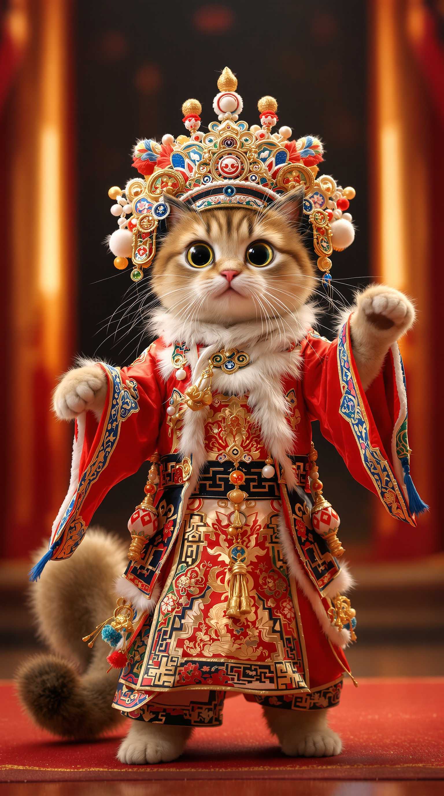 A hyper-realistic image of an anthropomorphic cat on an opera stage, meticulously dressed in a traditional Beijing Opera costume. The cat's fur is rendered in exquisite detail, with a silky texture that enhances its large, expressive eyes which convey a sense of liveliness and charm. The costume is adorned with intricate patterns and vibrant colors, reflecting the rich cultural heritage of Beijing Opera. The cat is striking a dynamic pose as if performing, facing directly towards the camera, exuding an incredibly cute aura. The stage is illuminated with dramatic lighting, casting soft shadows and accentuating the opulence of the scene. Framed in ultra-high-definition, the composition captures every nuance, from the delicate embroidery on the costume to the graceful curve of the cat's tail, culminating in a true masterpiece.
