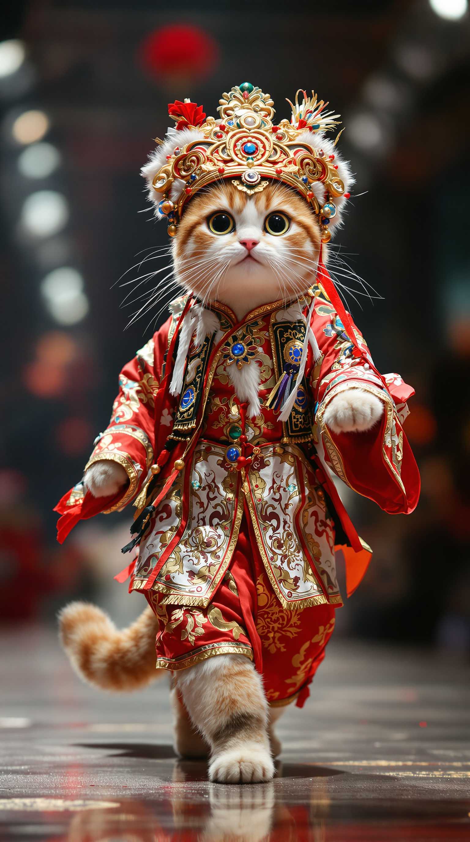A hyper-realistic image of an anthropomorphic cat walking on an fashion ranway stage, meticulously dressed in a traditional Beijing Opera costume. The cat's fur is rendered in exquisite detail, with a silky texture that enhances its large, expressive eyes which convey a sense of liveliness and charm. The costume is adorned with intricate patterns and vibrant colors, reflecting the rich cultural heritage of Beijing Opera. The cat is striking a dynamic pose as if performing, facing directly towards the camera, exuding an incredibly cute aura. The stage is illuminated with dramatic lighting, casting soft shadows and accentuating the opulence of the scene. Framed in ultra-high-definition, the composition captures every nuance, from the delicate embroidery on the costume to the graceful curve of the cat's tail, culminating in a true masterpiece.