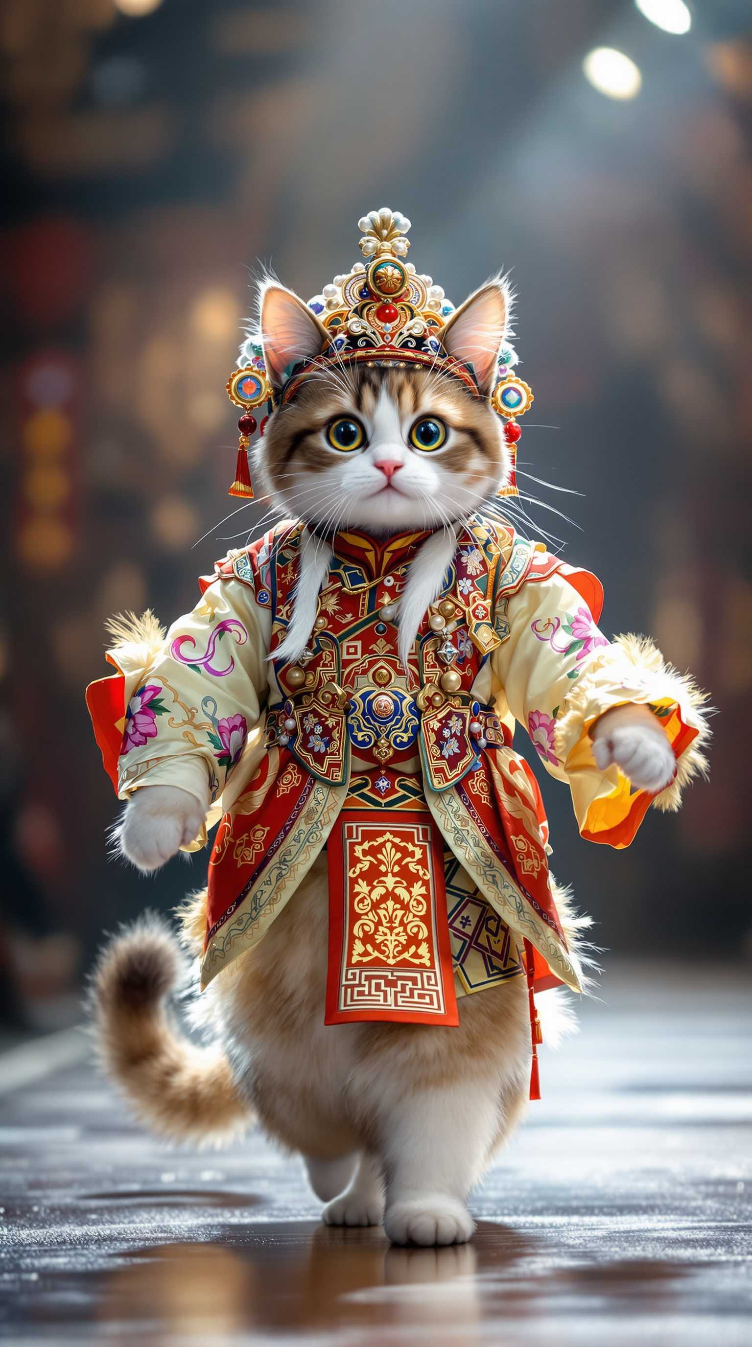 A hyper-realistic image of an anthropomorphic cat walking on an fashion ranway stage, meticulously dressed in a traditional Beijing Opera costume. The cat's fur is rendered in exquisite detail, with a silky texture that enhances its large, expressive eyes which convey a sense of liveliness and charm. The costume is adorned with intricate patterns and vibrant colors, reflecting the rich cultural heritage of Beijing Opera. The cat is striking a dynamic pose as if performing, facing directly towards the camera, exuding an incredibly cute aura. The stage is illuminated with dramatic lighting, casting soft shadows and accentuating the opulence of the scene. Framed in ultra-high-definition, the composition captures every nuance, from the delicate embroidery on the costume to the graceful curve of the cat's tail, culminating in a true masterpiece.