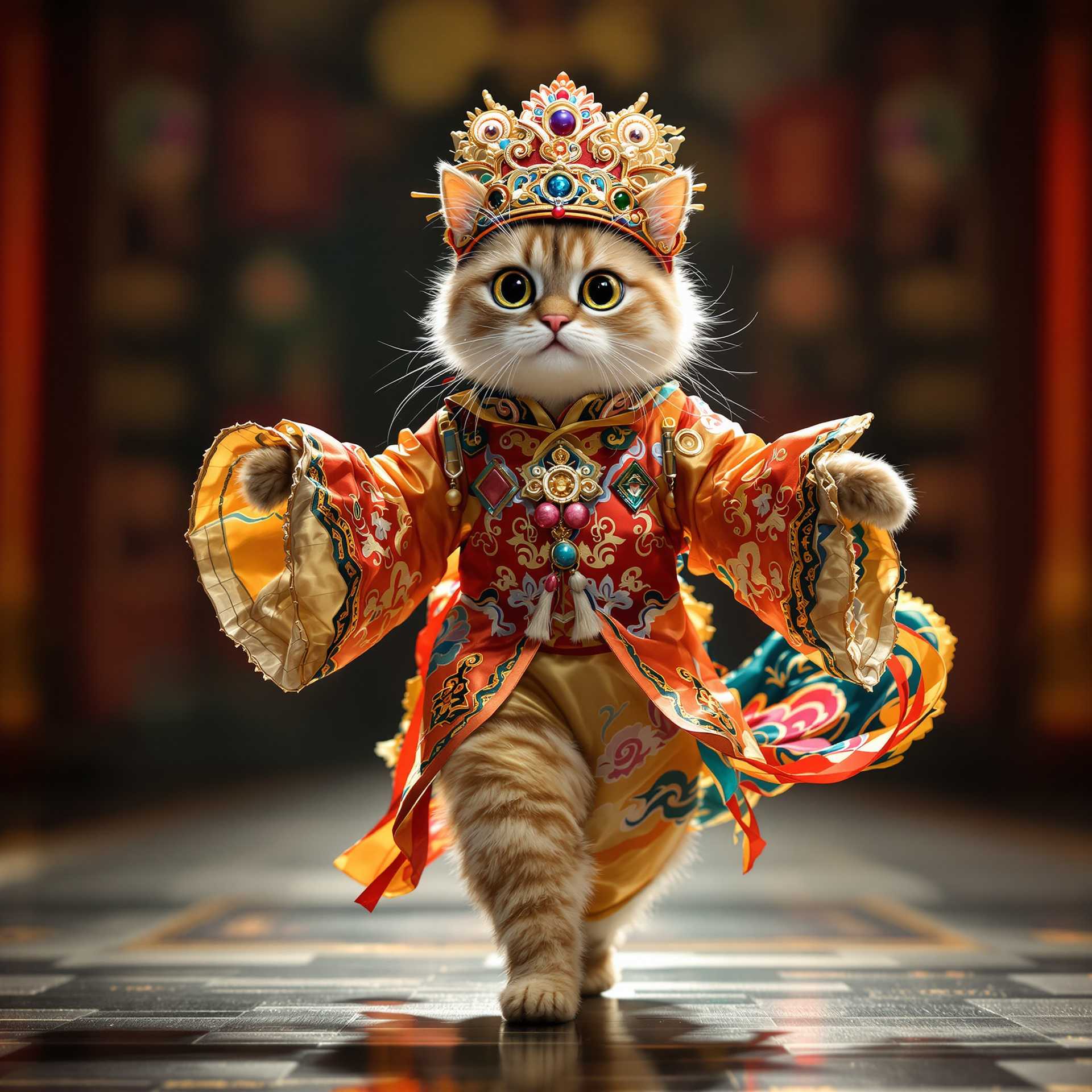 A hyper-realistic image of an anthropomorphic cat walking on an fashion ranway stage, meticulously dressed in a traditional Beijing Opera costume. The cat's fur is rendered in exquisite detail, with a silky texture that enhances its large, expressive eyes which convey a sense of liveliness and charm. The costume is adorned with intricate patterns and vibrant colors, reflecting the rich cultural heritage of Beijing Opera. The cat is striking a dynamic pose as if performing, facing directly towards the camera, exuding an incredibly cute aura. The stage is illuminated with dramatic lighting, casting soft shadows and accentuating the opulence of the scene. Framed in ultra-high-definition, the composition captures every nuance, from the delicate embroidery on the costume to the graceful curve of the cat's tail, culminating in a true masterpiece.