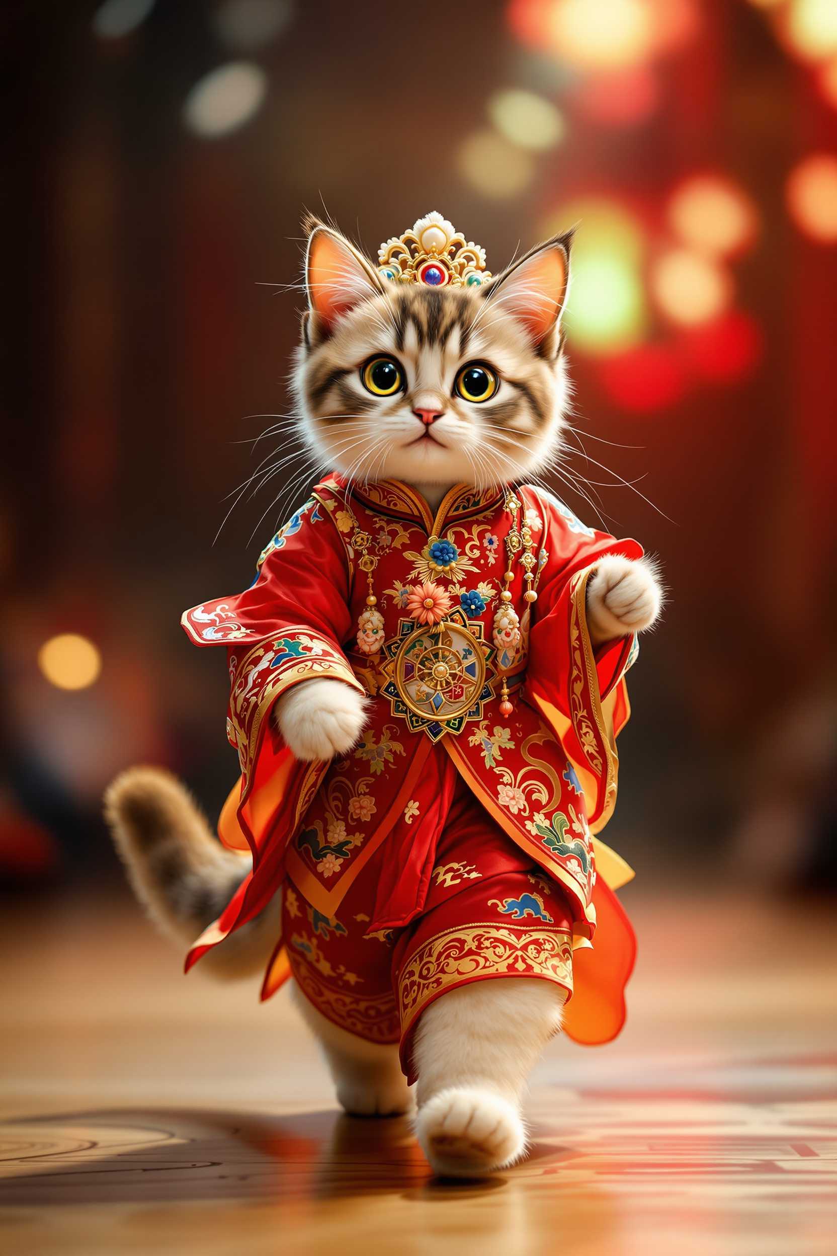 A hyper-realistic image of an anthropomorphic cat walking on an fashion ranway stage, meticulously dressed in a traditional Beijing Opera costume. The cat's fur is rendered in exquisite detail, with a silky texture that enhances its large, expressive eyes which convey a sense of liveliness and charm. The costume is adorned with intricate patterns and vibrant colors, reflecting the rich cultural heritage of Beijing Opera. The cat is striking a dynamic pose as if performing, facing directly towards the camera, exuding an incredibly cute aura. The stage is illuminated with dramatic lighting, casting soft shadows and accentuating the opulence of the scene. Framed in ultra-high-definition, the composition captures every nuance, from the delicate embroidery on the costume to the graceful curve of the cat's tail, culminating in a true masterpiece.