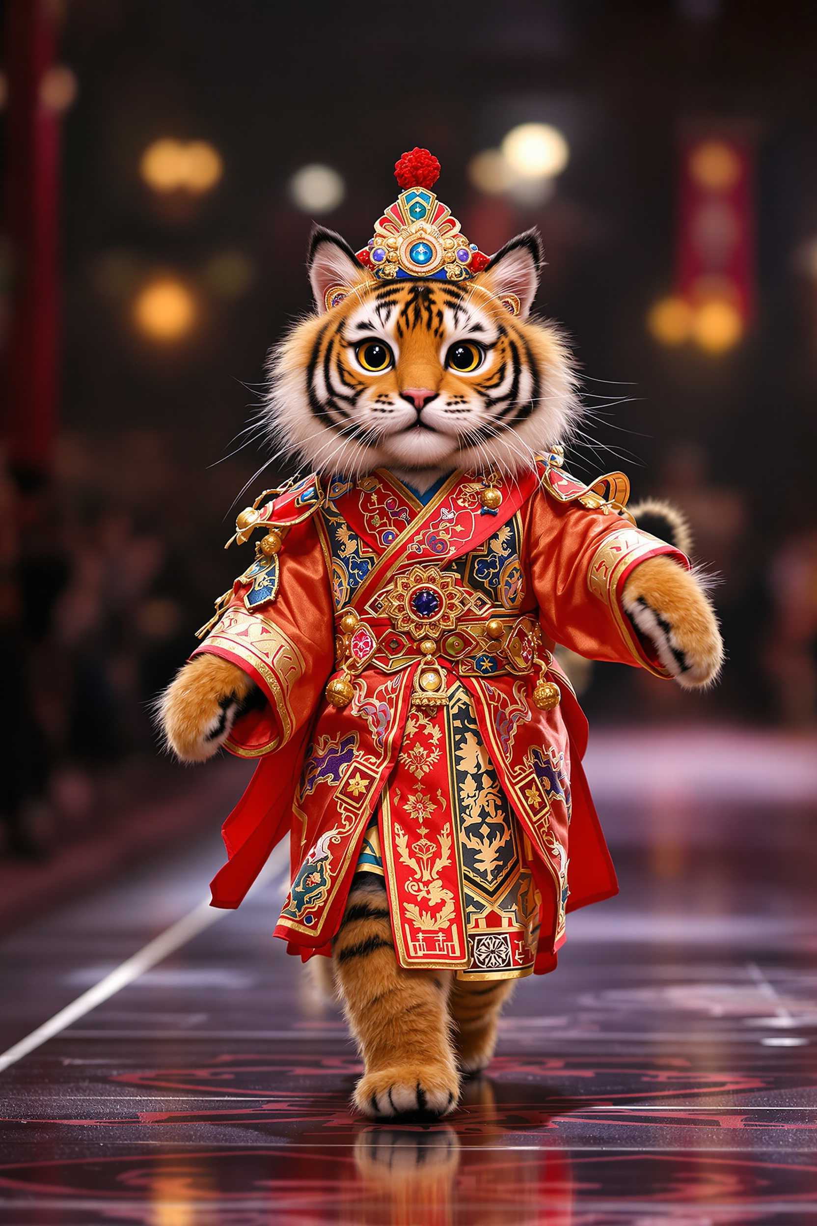 A hyper-realistic image of an anthropomorphic tiger walking on an fashion ranway stage, meticulously dressed in a traditional Beijing Opera costume. The cat's fur is rendered in exquisite detail, with a silky texture that enhances its large, expressive eyes which convey a sense of liveliness and charm. The costume is adorned with intricate patterns and vibrant colors, reflecting the rich cultural heritage of Beijing Opera. The cat is striking a dynamic pose as if performing, facing directly towards the camera, exuding an incredibly cute aura. The stage is illuminated with dramatic lighting, casting soft shadows and accentuating the opulence of the scene. Framed in ultra-high-definition, the composition captures every nuance, from the delicate embroidery on the costume to the graceful curve of the cat's tail, culminating in a true masterpiece.