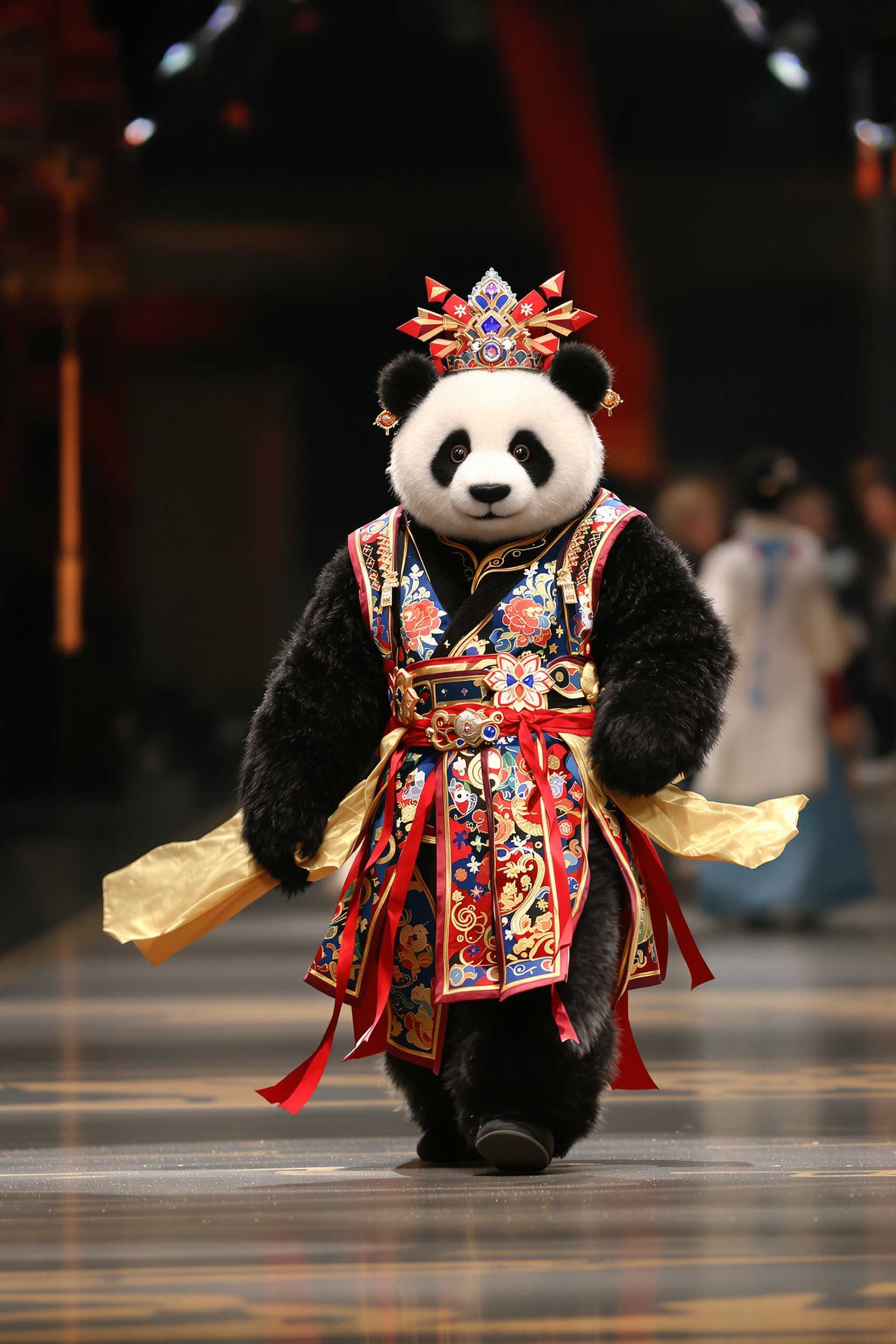 Panda in Traditional Chinese Attire on Runway
