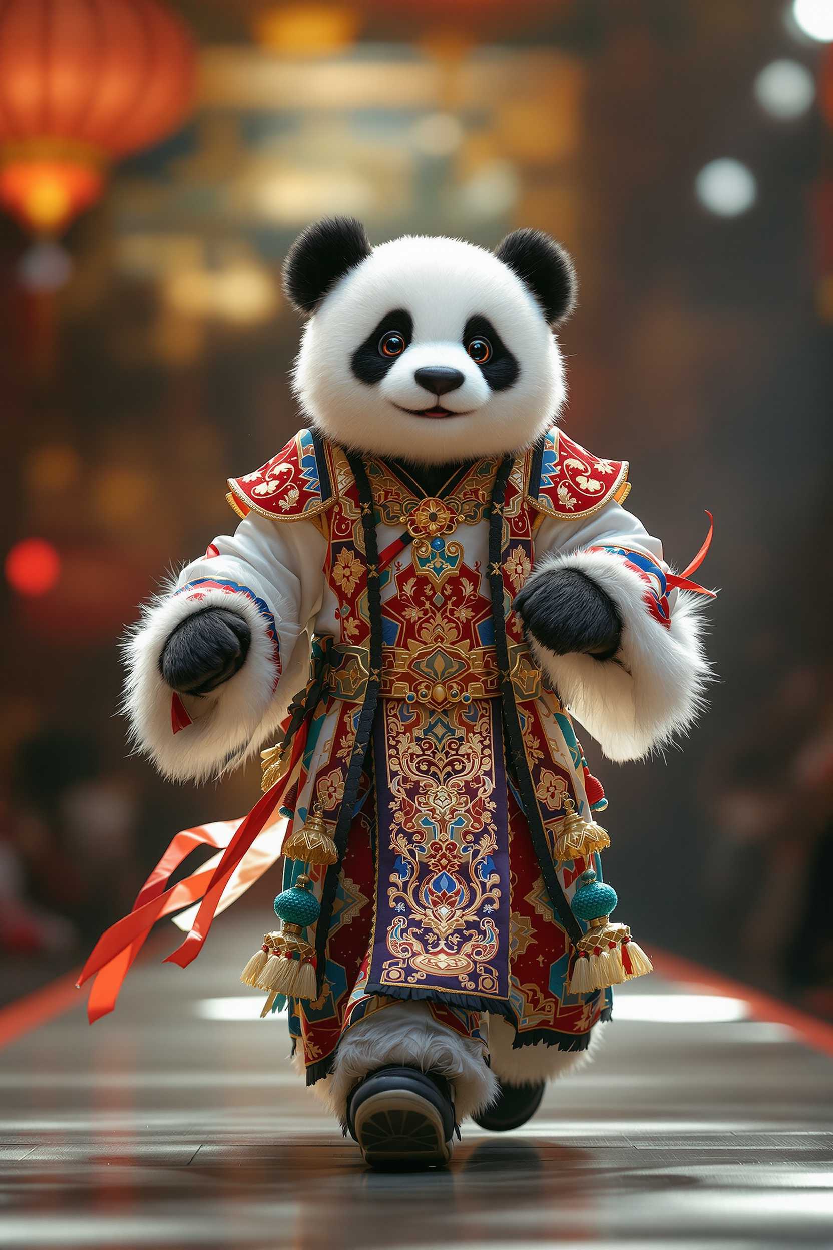 A hyper-realistic image of an anthropomorphic panda walking on an fashion ranway stage, meticulously dressed in a traditional Beijing Opera costume. The panda fur is rendered in exquisite detail, with a silky texture that enhances its large, expressive eyes which convey a sense of liveliness and charm. The costume is adorned with intricate patterns and vibrant colors, reflecting the rich cultural heritage of Beijing Opera. The panda is striking a dynamic pose as if performing, facing directly towards the camera, exuding an incredibly cute aura. The stage is illuminated with dramatic lighting, casting soft shadows and accentuating the opulence of the scene. Framed in ultra-high-definition, the composition captures every nuance, from the delicate embroidery on the costume to the graceful curve , culminating in a true masterpiece.