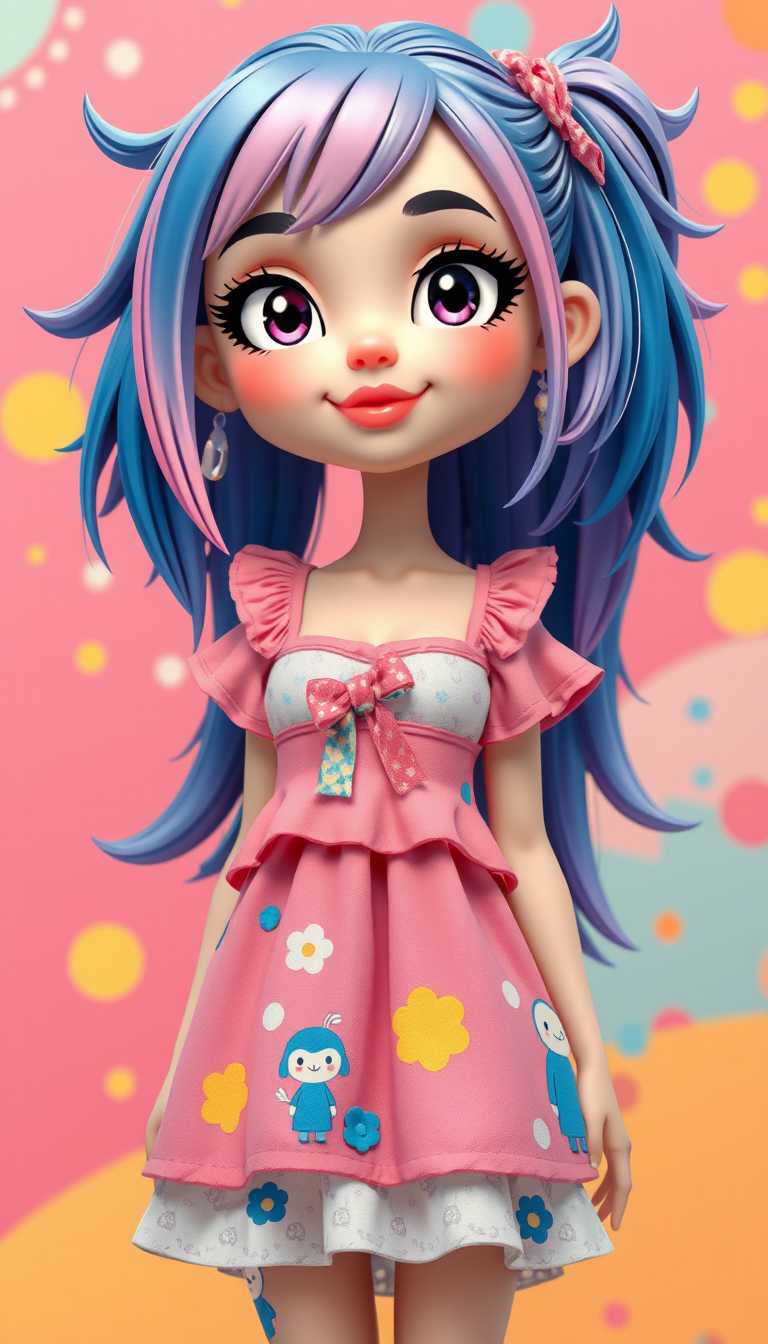 This image features a 3d cartoon girl with a strikingly detailed and stylized appearance, set against a vibrant and colorful backdrop that suggests a playful and creative art style. The subject is wearing a short, layered dress with a loose fit and a playful, youthful design, predominantly in shades of pink with splashes of blue, yellow, and white. The dress is adorned with various patterns, including floral motifs, cartoonlike figures, and abstract shapes, which contribute to the whimsical nature of the outfit.The subjects hair is a standout feature, with a gradient of colors ranging from a deep blue at the roots to a lighter pink at the tips, styled in a messy bun with strands playfully sticking out. The hair is accessorized with colorful hair ties and what appears to be a small, decorative hair clip, adding to the overall playful aesthetic.The subjects makeup is bold and dramatic, with a focus on the eyes, which are accentuated with dark, winged eyeliner and a variety of colored eyeshadows that complement the overall color scheme of the outfit. The lips are coated in a bright, glossy pink lipstick, which stands out against the pale skin tone.The subjects pose is relaxed and casual, with one hand resting on the hip and the other hanging loosely by the side, conveying a sense of confidence and ease. The subject is also wearing a pair of light blue socks with a pink stripe at the top, which match the color of the hair ties and the lipstick, tying the outfit together in a cohesive manner.The background of the image is a wall painted in a pastel pink hue, with a variety of playful and whimsical drawings and doodles, including a large, cartoonlike figure with a surprised expression, hearts, flowers, and other abstract shapes. The wall also has a few items placed on it, such as a red cup with a white label, which adds to the casual and livedin feel of the setting.