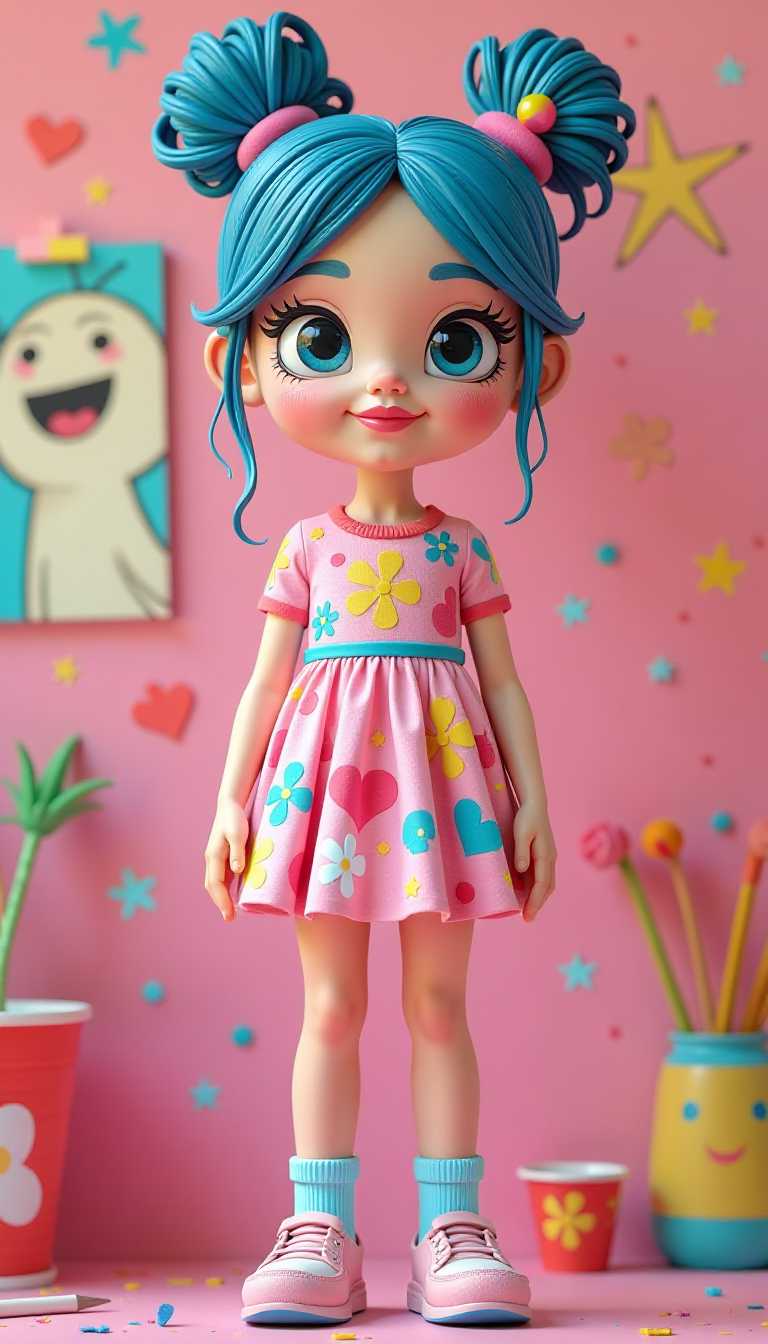 3d cartoon girl made of glossy painted wood with a strikingly detailed and stylized appearance, set against a vibrant and colorful backdrop that suggests a playful and creative art style. The subject is wearing a short, layered dress with a loose fit and a playful, youthful design, predominantly in shades of pink with splashes of blue, yellow, and white. The dress is adorned with various patterns, including floral motifs, cartoonlike figures, and abstract shapes, which contribute to the whimsical nature of the outfit.The subjects hair is a standout feature, with a gradient of colors ranging from a deep blue at the roots to a lighter pink at the tips, styled in a messy bun with strands playfully sticking out. The hair is accessorized with colorful hair ties and what appears to be a small, decorative hair clip, adding to the overall playful aesthetic.The subjects makeup is bold and dramatic, with a focus on the eyes, which are accentuated with dark, winged eyeliner and a variety of colored eyeshadows that complement the overall color scheme of the outfit. The lips are coated in a bright, glossy pink lipstick, which stands out against the pale skin tone.The subjects pose is relaxed and casual, with one hand resting on the hip and the other hanging loosely by the side, conveying a sense of confidence and ease. The subject is also wearing a pair of light blue socks with a pink stripe at the top, which match the color of the hair ties and the lipstick, tying the outfit together in a cohesive manner.The background of the image is a wall painted in a pastel pink hue, with a variety of playful and whimsical drawings and doodles, including a large, cartoonlike figure with a surprised expression, hearts, flowers, and other abstract shapes. The wall also has a few items placed on it, such as a red cup with a white label, which adds to the casual and livedin feel of the setting.