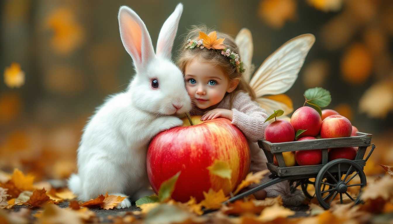 
A white rabbit is sitting on an apple, and the little fairy girl with wings is hugging it from behind. The background of the photo shows fallen leaves in the autumn. A small cart made of red peaches stands beside them. This scene creates a whimsical atmosphere, as if they were living inside a fairytale world. The focus is on the faces.

