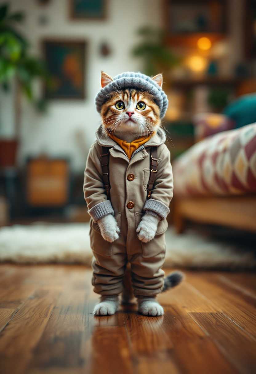 "A whimsical scene featuring a small, personalized cat dressed in a quirky outfit, captured in a surreal photography style. The cat stands in the living room with its tiny hands down, facing the camera directly, creating a playful and humorous atmosphere. The living room is filled with eclectic details, emphasizing an array of textures from the smooth, polished wooden floor to the soft, patterned fabric of a cozy couch. Warm, diffused lighting casts gentle shadows, enhancing the surreal quality of the image. Shot from a straight-on viewpoint, the composition focuses entirely on the cat, highlighting its charming expression and the humorous juxtaposition of its attire. Elements within the room blur slightly around the edges, adding to the dreamlike ambiance."