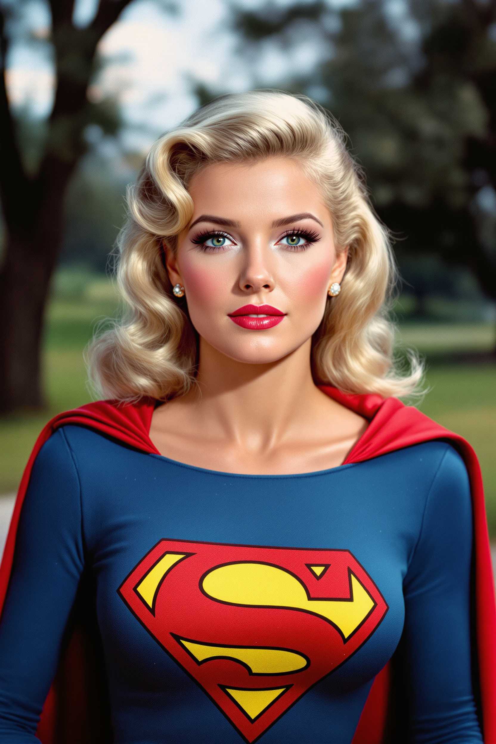 Blonde Superhero Woman in Blue and Red Costume