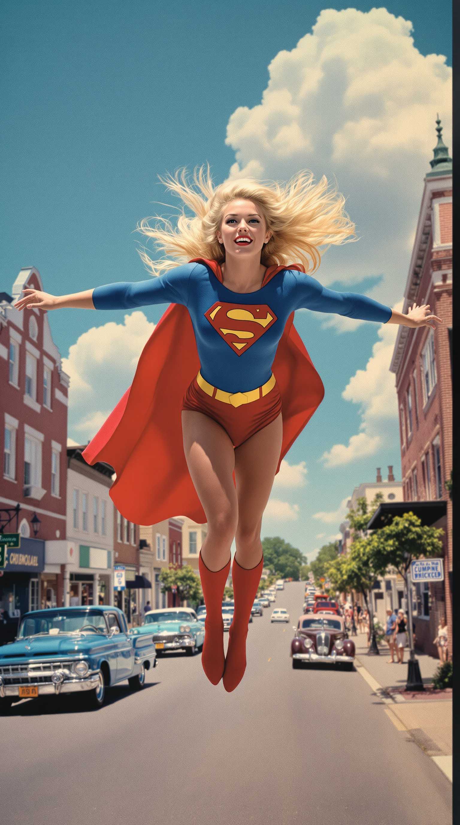 In a 1950s Technicolor style, a vibrant and nostalgic scene unfolds featuring Lyndia Carter as a blonde Supergirl, set in the quaint and idyllic town of Smallville. The composition captures Supergirl in dynamic motion, taking flight above the charming streets lined with vintage cars and classic Americana architecture. The bright and bold colors typical of Technicolor enhance her iconic costume, showcasing blues, reds, and golds that contrast with her flowing blonde hair. The camera angle is slightly tilted upwards, emphasizing her powerful presence against a backdrop of a clear blue sky and fluffy white clouds. The mood is one of hopeful optimism, characteristic of the era, with a golden afternoon sunlight bathing the scene in warmth and casting gentle shadows. This cinematic image blends the charm of mid-20th century small-town America with the excitement and wonder of superhero adventures.