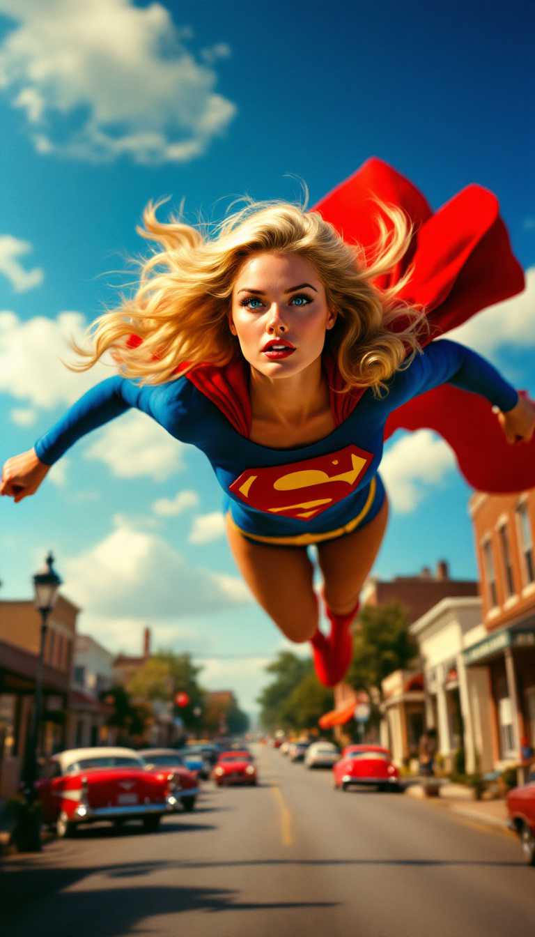 In a 1950s Technicolor style, a vibrant and nostalgic scene unfolds featuring Lyndia Carter as a blonde Supergirl, set in the quaint and idyllic town of Smallville. The composition captures Supergirl in dynamic motion, taking flight above the charming streets lined with vintage cars and classic Americana architecture. The bright and bold colors typical of Technicolor enhance her iconic costume, showcasing blues, reds, and golds that contrast with her flowing blonde hair. The camera angle is slightly tilted upwards, emphasizing her powerful presence against a backdrop of a clear blue sky and fluffy white clouds. The mood is one of hopeful optimism, characteristic of the era, with a golden afternoon sunlight bathing the scene in warmth and casting gentle shadows. This cinematic image blends the charm of mid-20th century small-town America with the excitement and wonder of superhero adventures.