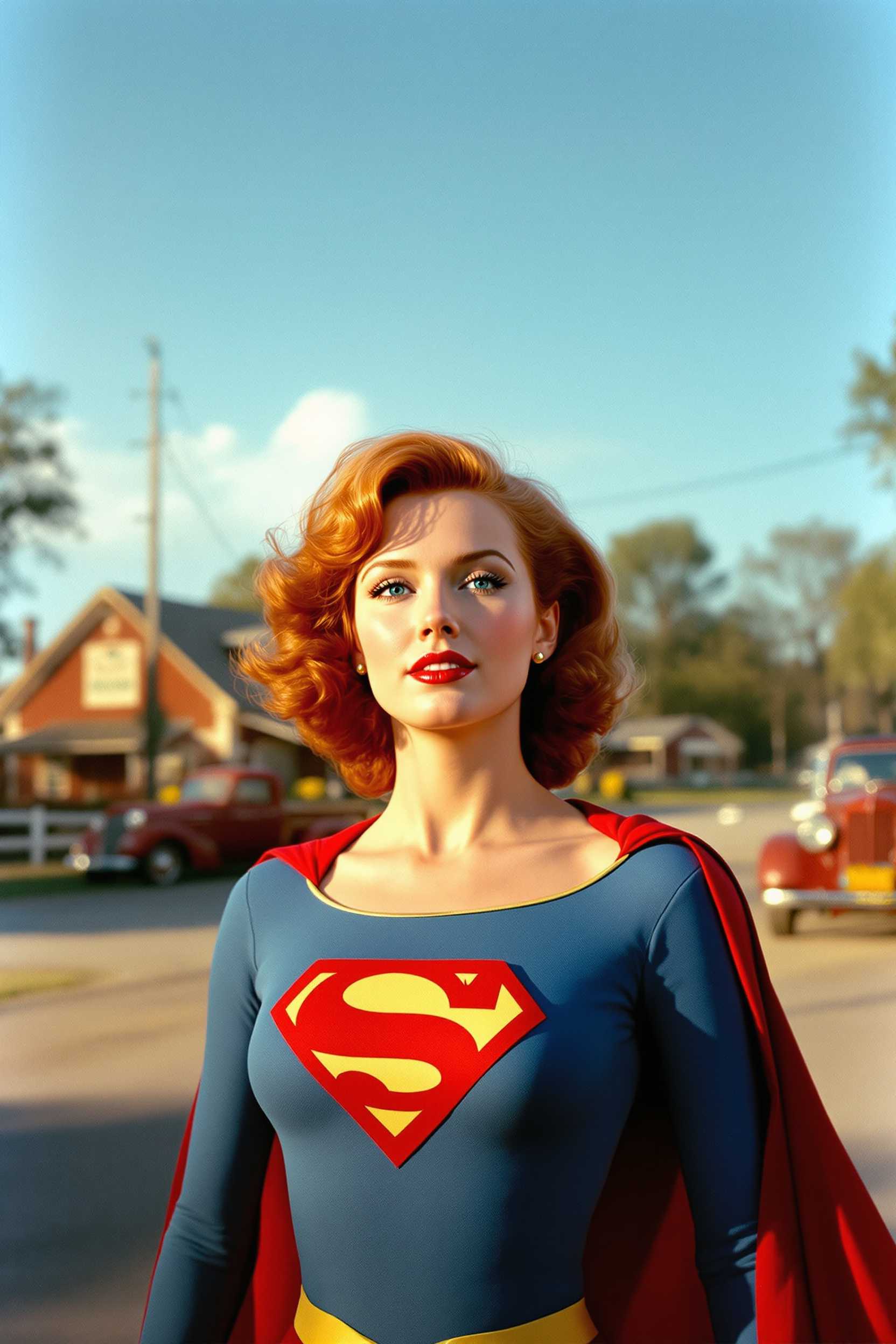 A vibrant 1950s Technicolor scene capturing Annette O'Toole as a redhead Supergirl in the quaint small-town setting of Smallville. The image exudes a nostalgic golden-hour glow with warm, saturated colors typical of mid-century cinema. Supergirl stands confidently at the forefront, her cape flowing gently in the breeze, and her vivid red hair contrasting with the classic blue and red suit. In the background, iconic Americana elements such as rustic barns, vintage cars, and a clear blue sky enhance the sense of time and place. The composition features a low-angle shot to accentuate her heroic stance, while soft, diffused lighting adds a dreamlike quality, creating an atmosphere of hopeful optimism and 1950s charm.