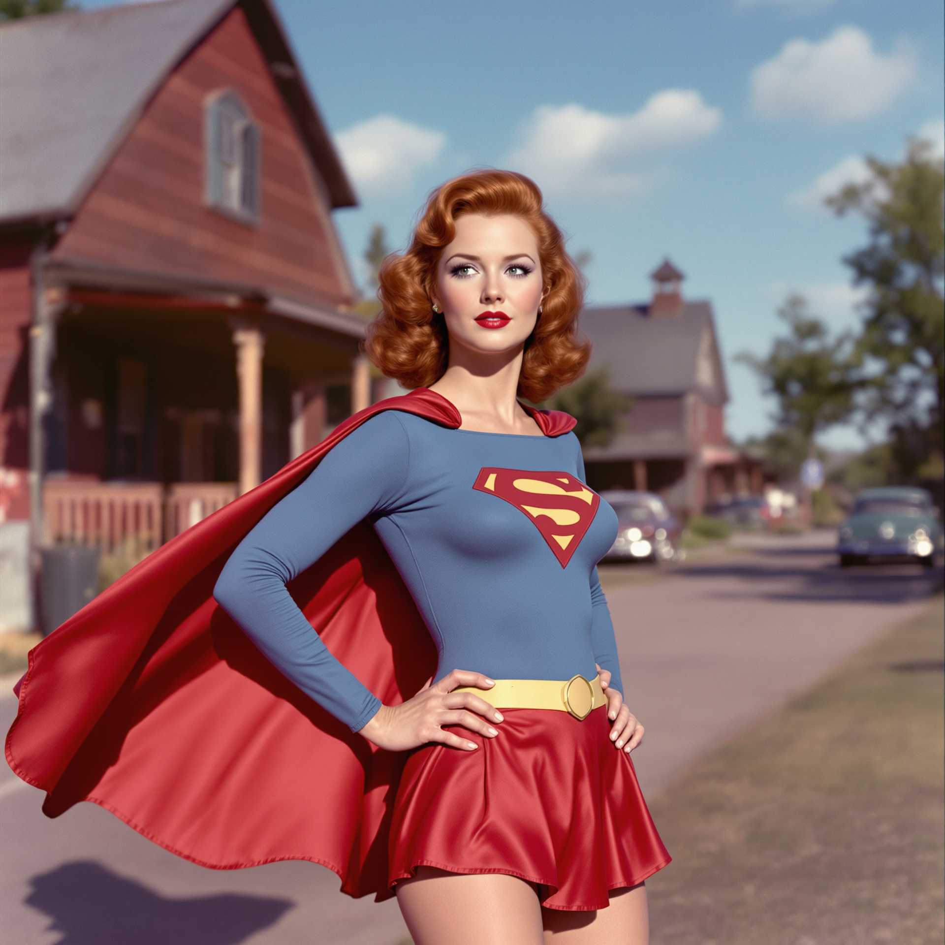 A vibrant 1950s Technicolor scene capturing Annette O'Toole as a redhead Supergirl in the quaint small-town setting of Smallville. The image exudes a nostalgic golden-hour glow with warm, saturated colors typical of mid-century cinema. Supergirl stands confidently at the forefront, her cape flowing gently in the breeze, and her vivid red hair contrasting with the classic blue and red suit. In the background, iconic Americana elements such as rustic barns, vintage cars, and a clear blue sky enhance the sense of time and place. The composition features a low-angle shot to accentuate her heroic stance, while soft, diffused lighting adds a dreamlike quality, creating an atmosphere of hopeful optimism and 1950s charm.