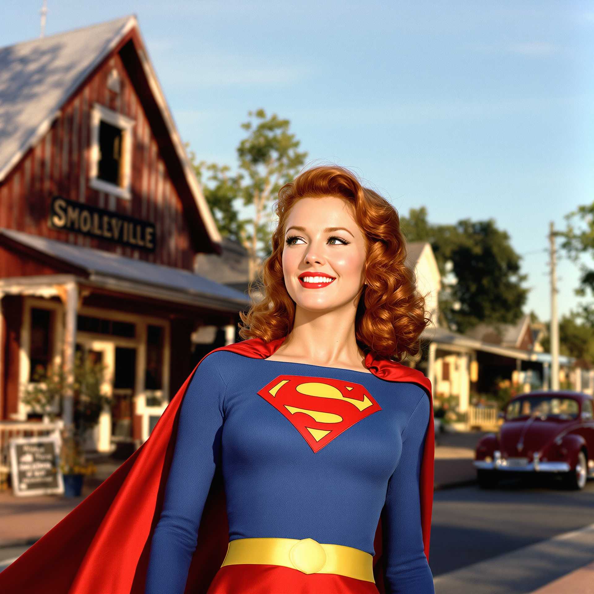 A vibrant 1950s Technicolor scene capturing Annette O'Toole as a redhead Supergirl in the quaint small-town setting of Smallville. The image exudes a nostalgic golden-hour glow with warm, saturated colors typical of mid-century cinema. Supergirl stands confidently at the forefront, her cape flowing gently in the breeze, and her vivid red hair contrasting with the classic blue and red suit.She has a large bust. In the background, iconic Americana elements such as rustic barns, vintage cars, and a clear blue sky enhance the sense of time and place. The composition features a low-angle shot to accentuate her heroic stance, while soft, diffused lighting adds a dreamlike quality, creating an atmosphere of hopeful optimism and 1950s charm.