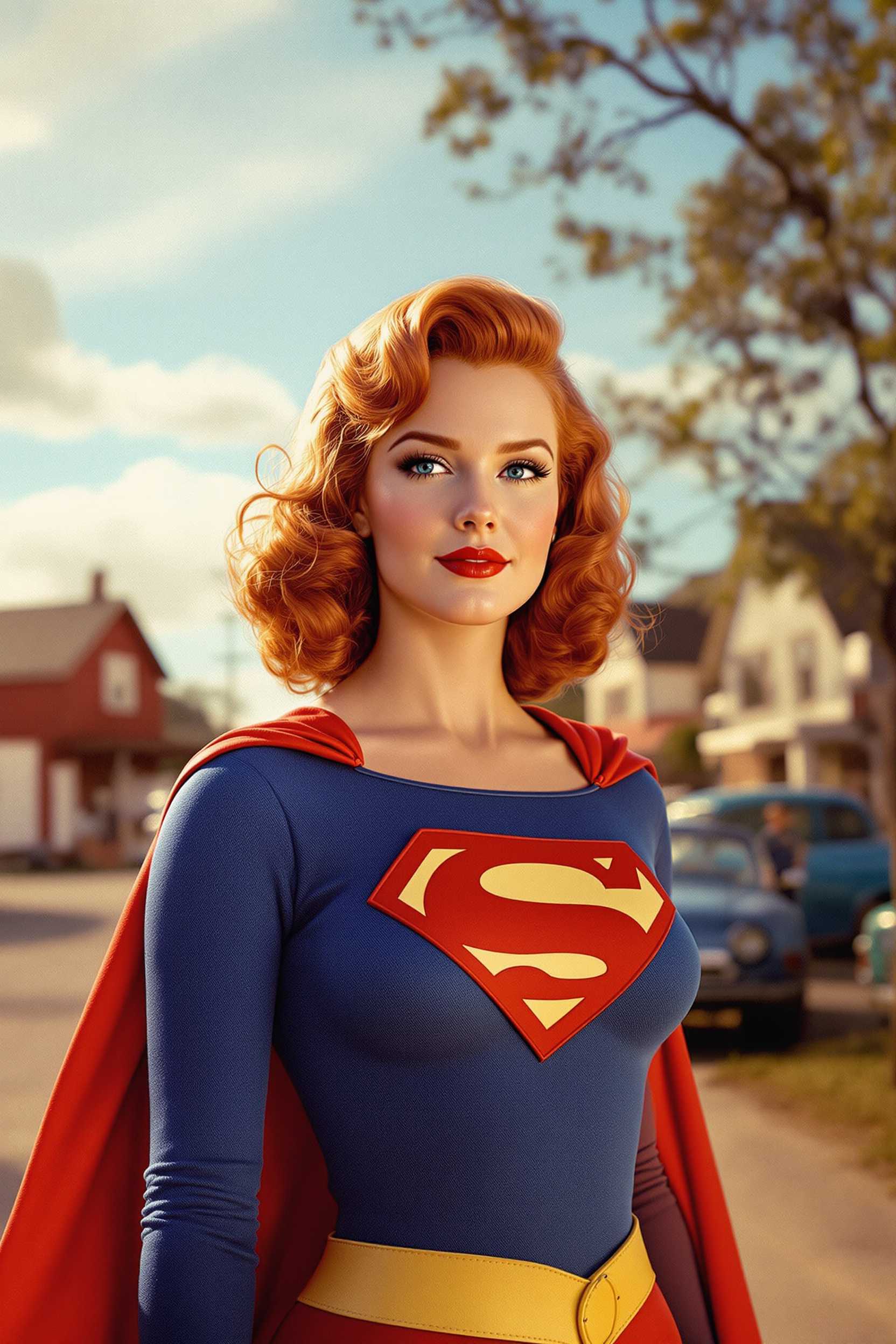 A vibrant 1950s Technicolor scene capturing Annette O'Toole as a redhead Supergirl in the quaint small-town setting of Smallville. The image exudes a nostalgic golden-hour glow with warm, saturated colors typical of mid-century cinema. Supergirl stands confidently at the forefront, her cape flowing gently in the breeze, and her vivid red hair contrasting with the classic blue and red suit.She has a large bust. In the background, iconic Americana elements such as rustic barns, vintage cars, and a clear blue sky enhance the sense of time and place. The composition features a low-angle shot to accentuate her heroic stance, while soft, diffused lighting adds a dreamlike quality, creating an atmosphere of hopeful optimism and 1950s charm.