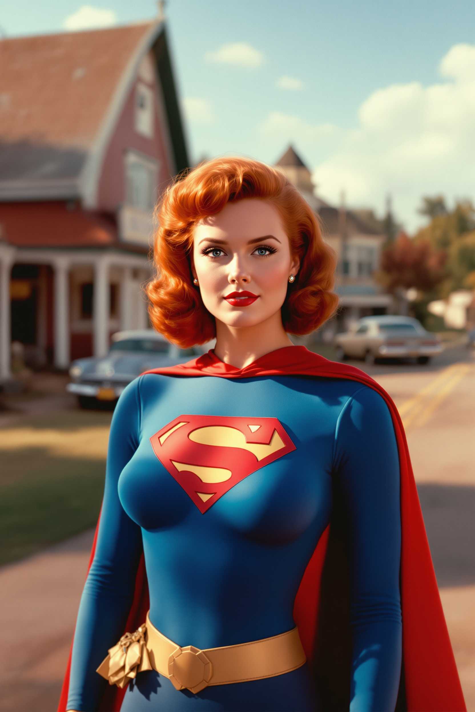 A vibrant 1950s Technicolor scene capturing Annette O'Toole as a redhead Powergirl in the quaint small-town setting of Smallville. The image exudes a nostalgic golden-hour glow with warm, saturated colors typical of mid-century cinema. Powergirl stands confidently at the forefront, her cape flowing gently in the breeze, and her vivid red hair contrasting with the classic blue and red suit.She has a large bust. In the background, iconic Americana elements such as rustic barns, vintage cars, and a clear blue sky enhance the sense of time and place. The composition features a low-angle shot to accentuate her heroic stance, while soft, diffused lighting adds a dreamlike quality, creating an atmosphere of hopeful optimism and 1950s charm.
