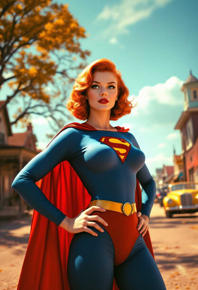 A vibrant 1950s Technicolor scene capturing Annette O'Toole as a redhead Powergirl in the quaint small-town setting of Smallville. The image exudes a nostalgic golden-hour glow with warm, saturated colors typical of mid-century cinema. Powergirl stands confidently at the forefront, her cape flowing gently in the breeze, and her vivid red hair contrasting with the classic blue and red suit.She has a large bust. In the background, iconic Americana elements such as rustic barns, vintage cars, and a clear blue sky enhance the sense of time and place. The composition features a low-angle shot to accentuate her heroic stance, while soft, diffused lighting adds a dreamlike quality, creating an atmosphere of hopeful optimism and 1950s charm.