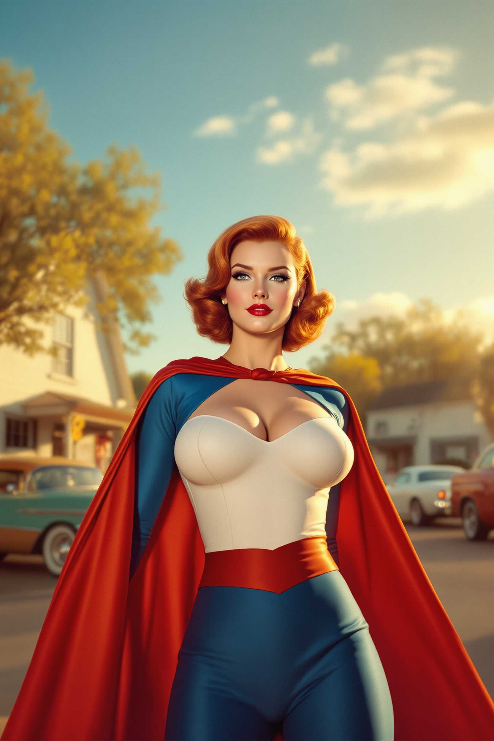 A vibrant 1950s Technicolor scene capturing Annette O'Toole as a redhead Powergirl in the quaint small-town setting of Smallville. The image exudes a nostalgic golden-hour glow with warm, saturated colors typical of mid-century cinema. Powergirl stands confidently at the forefront, her cape flowing gently in the breeze, and her vivid red hair contrasting with the classic low cut, white and blue suit.She has a large bust. In the background, iconic Americana elements such as rustic barns, vintage cars, and a clear blue sky enhance the sense of time and place. The composition features a low-angle shot to accentuate her heroic stance, while soft, diffused lighting adds a dreamlike quality, creating an atmosphere of hopeful optimism and 1950s charm.