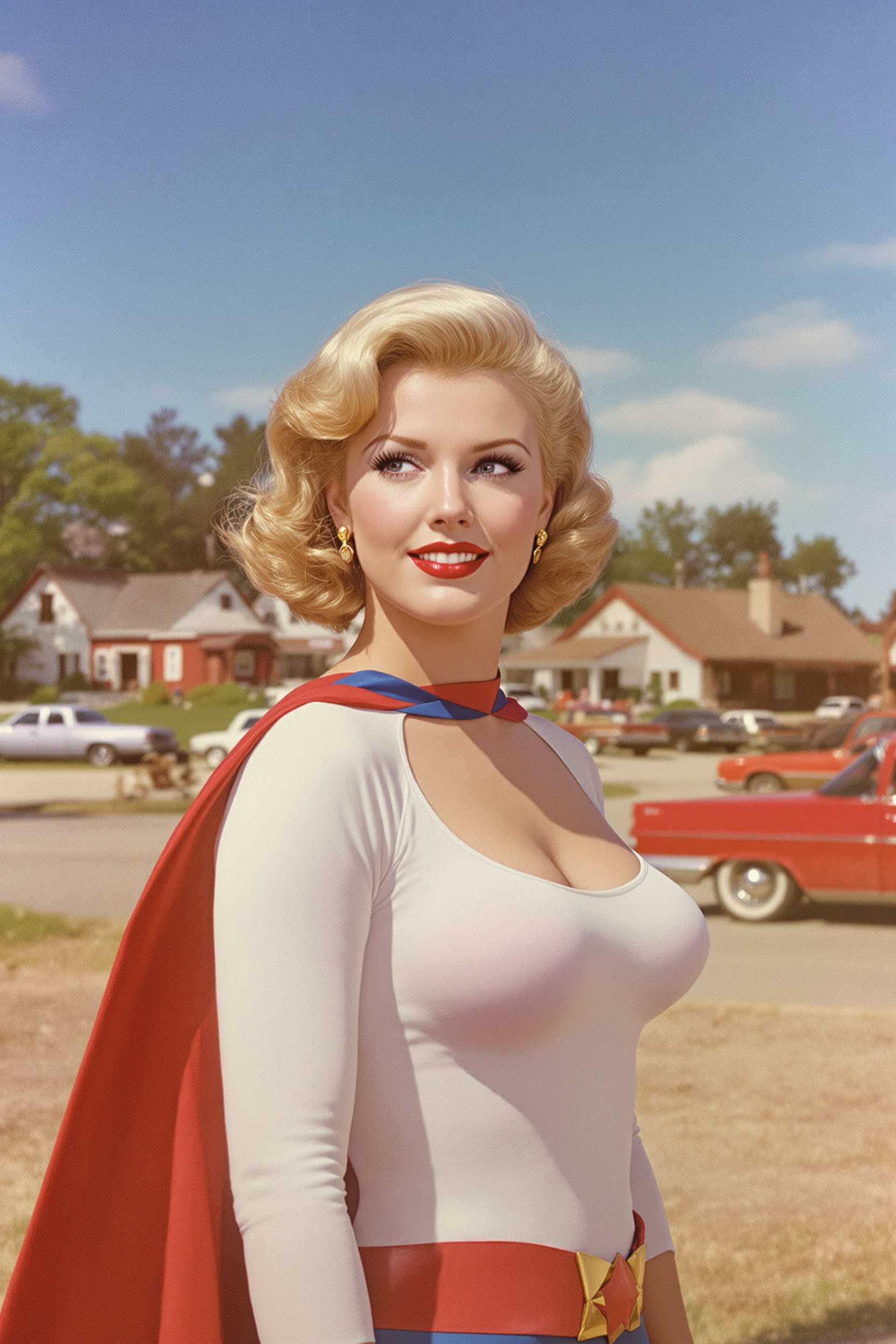 A vibrant 1950s Technicolor scene capturing Annette O'Toole as a redhead Powergirl in the quaint small-town setting of Smallville. The image exudes a nostalgic golden-hour glow with warm, saturated colors typical of mid-century cinema. Powergirl stands confidently at the forefront, her cape flowing gently in the breeze, and her vivid blonde hair, contrasting with the classic low cut top, white and blue suit.She has a big bust. In the background, iconic Americana elements such as rustic barns, vintage cars, and a clear blue sky enhance the sense of time and place. The composition features a low-angle shot to accentuate her heroic stance, while soft, diffused lighting adds a dreamlike quality, creating an atmosphere of hopeful optimism and 1950s charm.