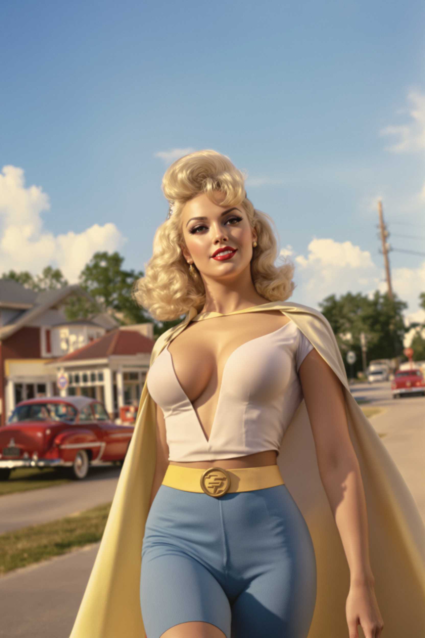 A vibrant 1940's Technicolor scene capturing Annette O'Toole as a blonde Powergirl in the quaint small-town setting of Smallville. The image exudes a nostalgic golden-hour glow with warm, saturated colors typical of mid-century cinema. Powergirl stands confidently at the forefront, her cape flowing gently in the breeze, and her vivid blonde hair, contrasting with the classic low cut top, white and blue suit.She has a large bust. In the background, iconic Americana elements such as rustic barns, vintage cars, and a clear blue sky enhance the sense of time and place. The composition features a low-angle shot to accentuate her heroic stance, while soft, diffused lighting adds a dreamlike quality, creating an atmosphere of hopeful optimism and 1940's charm.