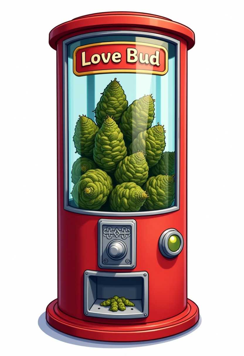 An eye-level view of a vibrant red cylindrical vending machine labeled 'Love Bud,' filled with tightly packed green cannabis buds visible through its clear glass compartment. The metallic silver dispensing mechanism at the base features intricate ornamental designs, with a small portion of cannabis visible in the dispensing slot. "A cartoon-style interpretation of a vending machine containing cannabis, with exaggerated details and vibrant colors. With an all white background.