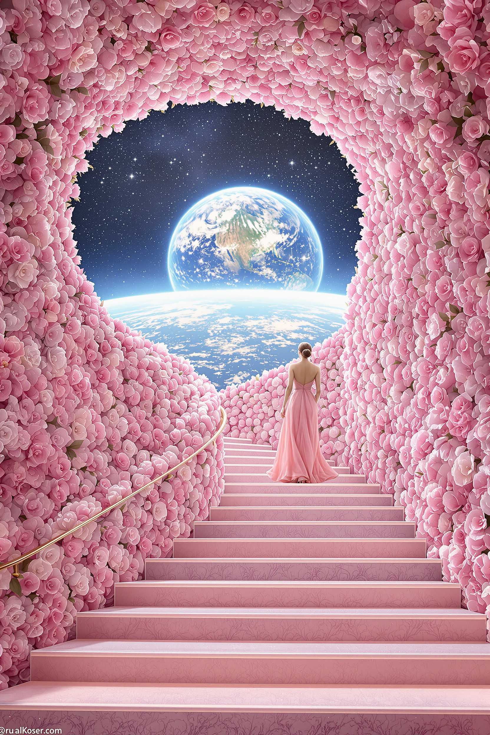 Hyper-realistic image of a stairway leading up with a surreal view of Earth looming in the background, set against the vastness of space. The walls and steps of the stairway are adorned with an intricate, ultra-detailed floral pattern in a pink palette, adding a surreal and elegant contrast to the modern design. Each floral motif is finely textured and seamlessly integrated into the architecture, giving the scene a delicate, almost ethereal quality. The soft ambient lighting highlights the floral details on the stairway, enhancing the otherworldly atmosphere of this cosmic setting.A woman in a beauitful pink dress walks up the stairs!

