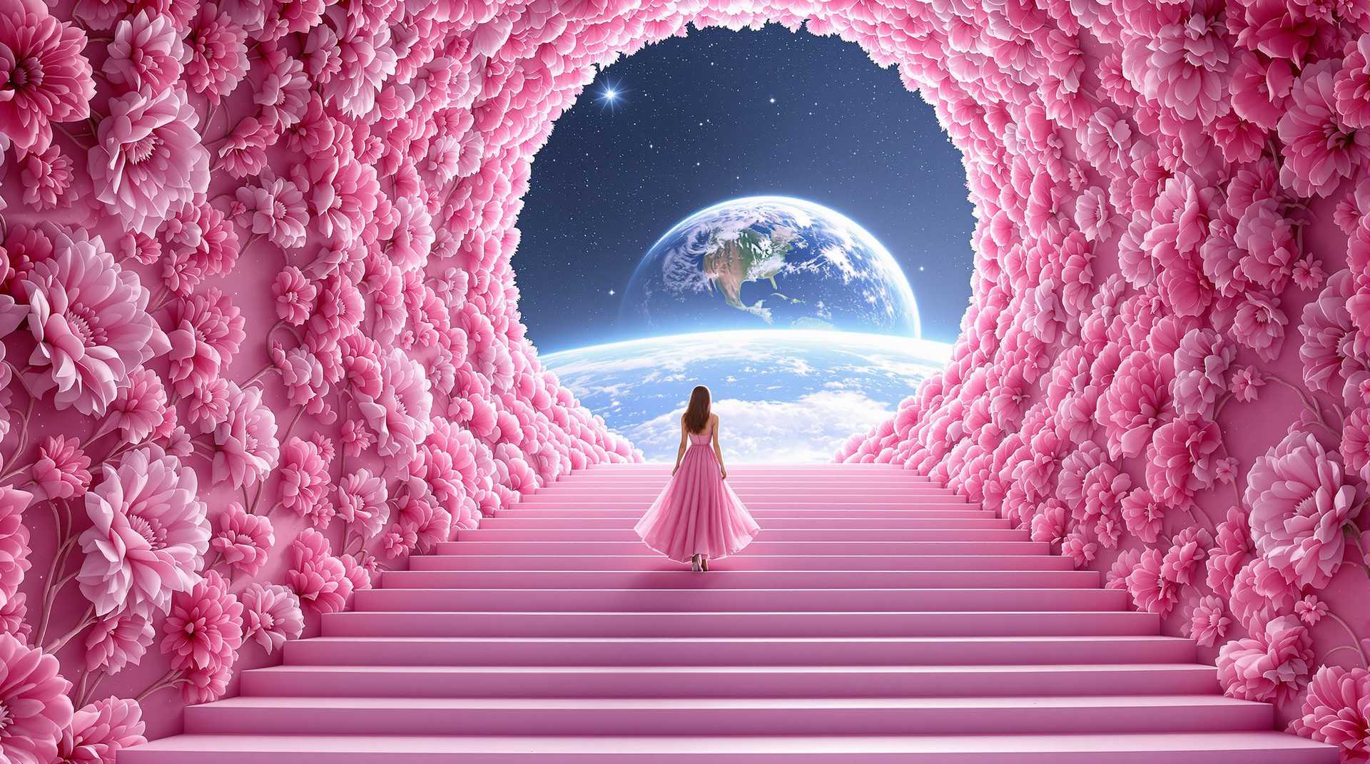Hyper-realistic image of a stairway leading up with a surreal view of Earth looming in the background, set against the vastness of space. The walls and steps of the stairway are adorned with an intricate, ultra-detailed floral pattern in a pink palette, adding a surreal and elegant contrast to the modern design. Each floral motif is finely textured and seamlessly integrated into the architecture, giving the scene a delicate, almost ethereal quality. The soft ambient lighting highlights the floral details on the stairway, enhancing the otherworldly atmosphere of this cosmic setting.A woman in a beauitful pink dress walks up the stairs!

