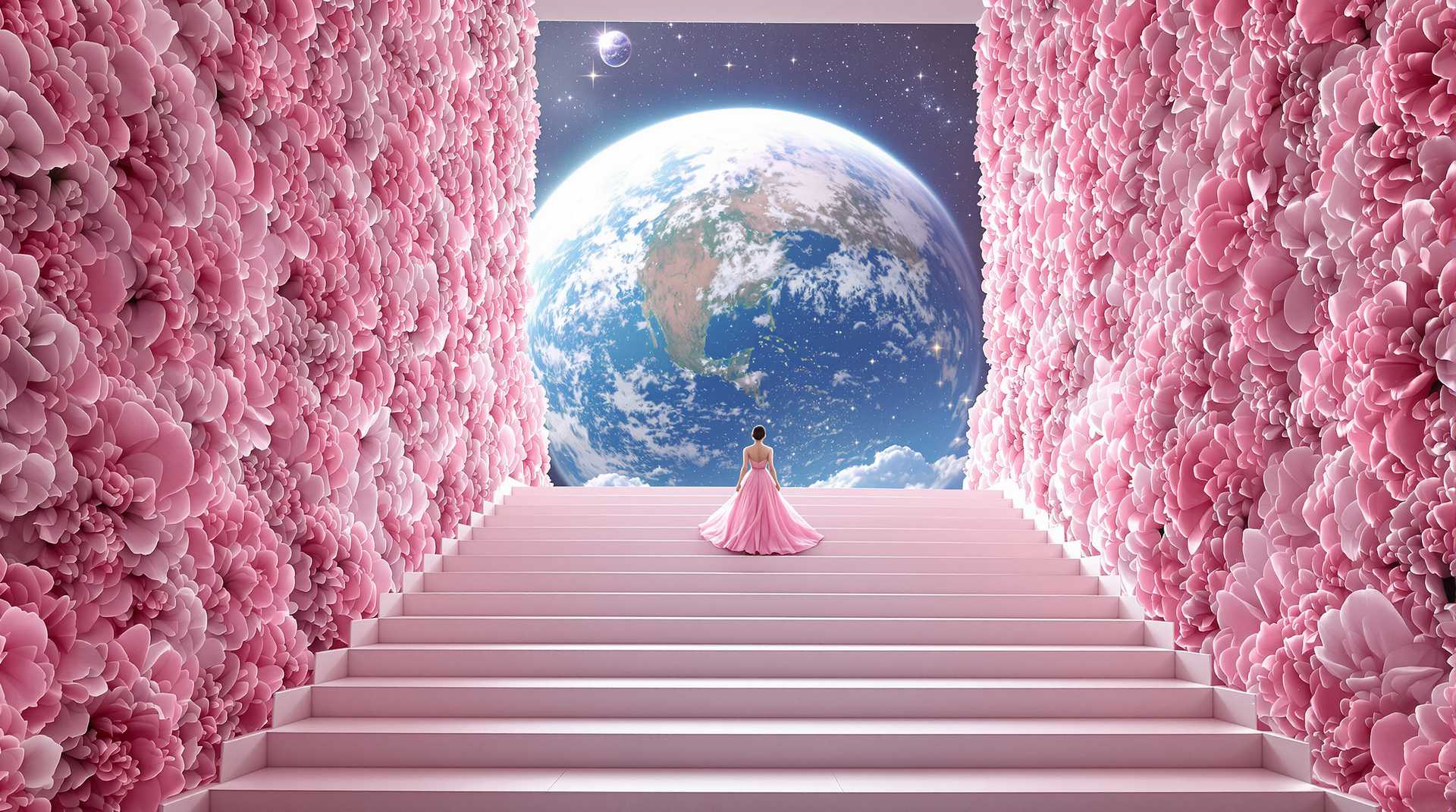 Hyper-realistic image of a stairway leading up with a surreal view of Earth looming in the background, set against the vastness of space. The walls and steps of the stairway are adorned with an intricate, ultra-detailed floral pattern in a pink palette, adding a surreal and elegant contrast to the modern design. Each floral motif is finely textured and seamlessly integrated into the architecture, giving the scene a delicate, almost ethereal quality. The soft ambient lighting highlights the floral details on the stairway, enhancing the otherworldly atmosphere of this cosmic setting.A Goddess in a beauitful pink dress walks up the stairs!

