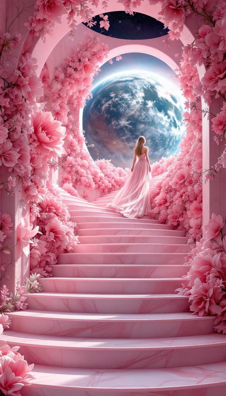 Elegant Bride Descends Pink Marble Stairs Amidst Flower Archway and Cosmic Backdrop