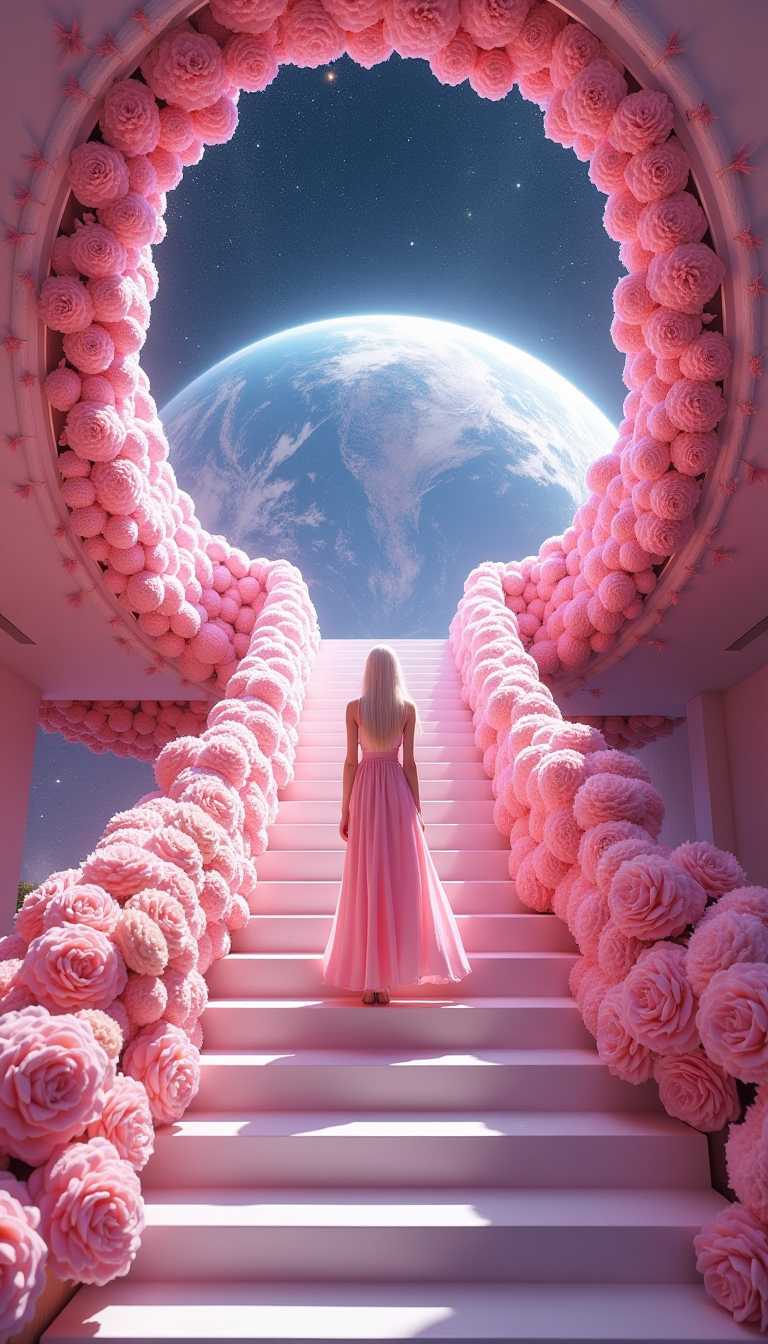 Hyper-realistic image of a stairway leading up with a surreal view of Earth looming in the background, set against the vastness of space. The walls and steps of the stairway are adorned with an intricate, ultra-detailed floral pattern in a pink palette, adding a surreal and elegant contrast to the modern design. Each floral motif is finely textured and seamlessly integrated into the architecture, giving the scene a delicate, almost ethereal quality. The soft ambient lighting highlights the floral details on the stairway, enhancing the otherworldly atmosphere of this cosmic setting.[A Goddess in a beauitful pink dress walks down the stairs!]

