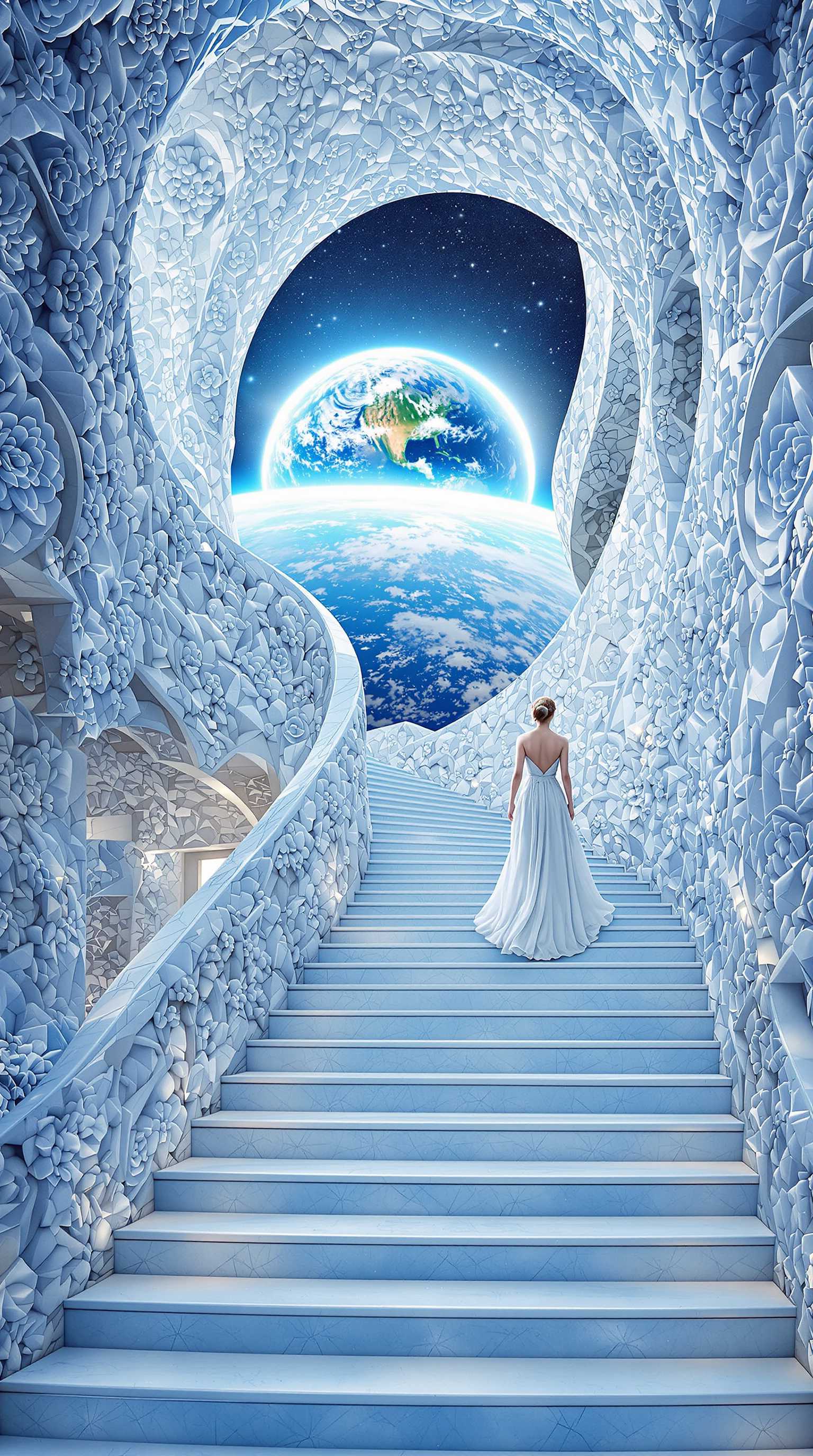 A hyper-realistic and surreal image capturing a stairway ascending into the cosmos, with the majestic view of Earth hovering in the distance, set amid the infinite expanse of space. The walls and steps of the stairway are adorned with an intricate and ultra-detailed floral pattern in a soft light blue palette, providing a surreal yet refined contrast to the modern architectural design. Each floral motif is exquisitely textured, intricately carved, and seamlessly integrated into the architecture, imparting a delicate and ethereal quality to the scene. Soft, ambient lighting suffuses the scene, accentuating the floral intricacies on the stairway and enhancing the otherworldly ambiance. A goddess clad in a flowing light blue dress gracefully walks up the stairway, adding a touch of divine presence to this cosmic tableau. The composition is shot from a slightly low angle, emphasizing the grandeur of the staircase and the celestial backdrop. The overall mood is serene and mystical, inviting awe and wonder at this celestial convergence of beauty and design.