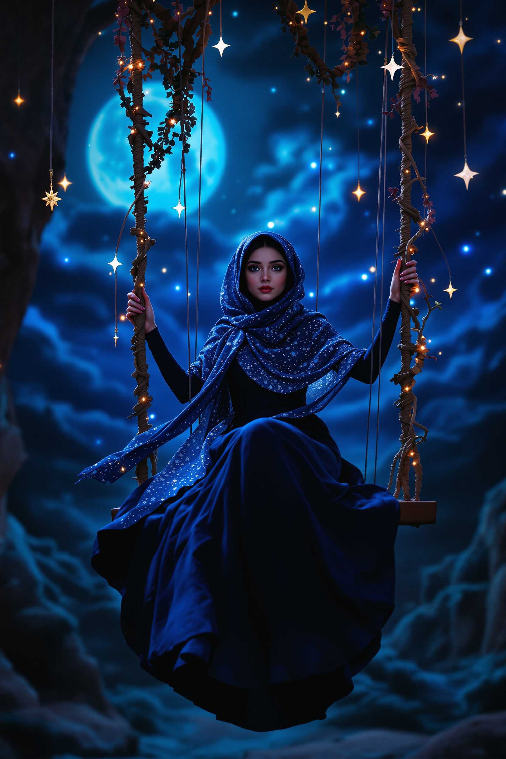 A girl sitting on a swing with long billowing skirts blue and black and lavander night Scarf scarf scarf middle eastern fairy princess marionette, on a stage with wooden sets and blue lights and things hanging from the ceiling with a beautiful flowing skirt a theatre box homemade sets of hanging stars and the desert strings the doll flies on strings over the beautiful land full moon, large stars hanging gold diamonds tiny lights everywhere,

