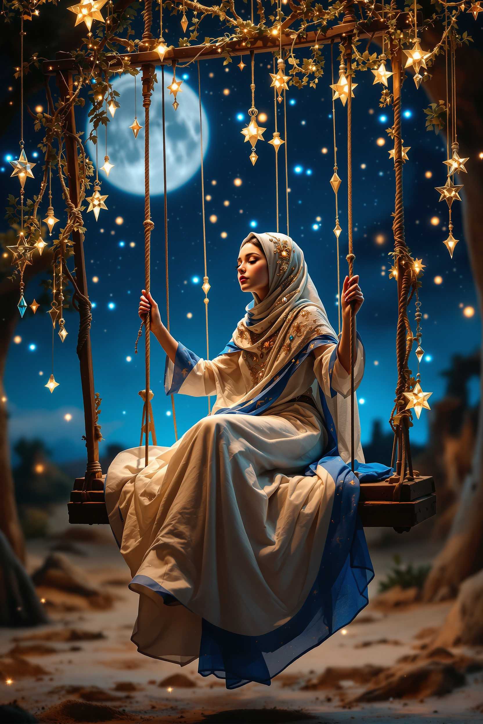 Mystical Night Scene Woman in Blue Dress on Swing with Moon and Stars
