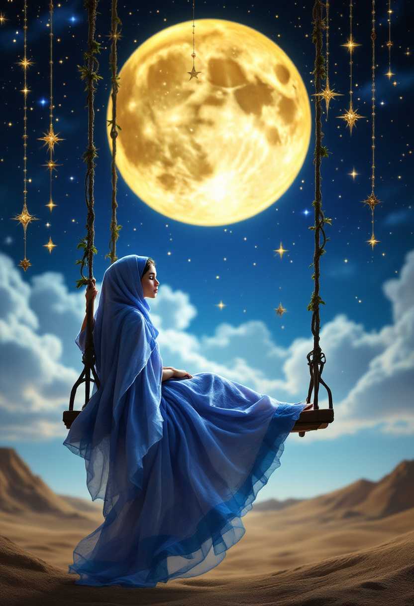A girl sitting on a swing with long billowing skirts blue and white and lavander night Scarf middle eastern fairy princess marionette, on a stage with wooden sets and blue lights and things hanging from the ceiling with a beautiful flowing skirt a theatre box homemade sets of hanging stars and the desert strings the doll flies on strings over the beautiful land full moon, large stars hanging gold diamonds tiny lights everywhere,

