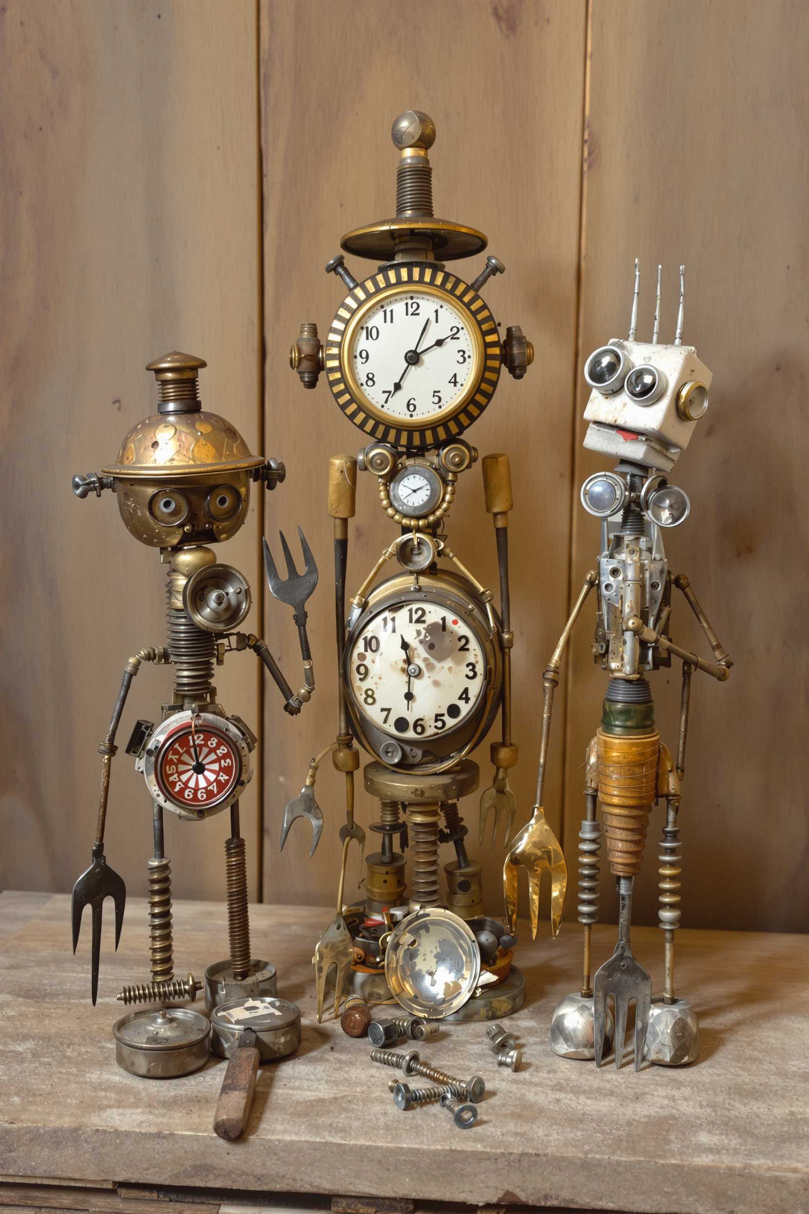 3 cute toys made of old vintage parts of the house elements, like screws, pot lid, lid, clock, fork, spoon, screwdriver, steel sponge, metals, wood, broken