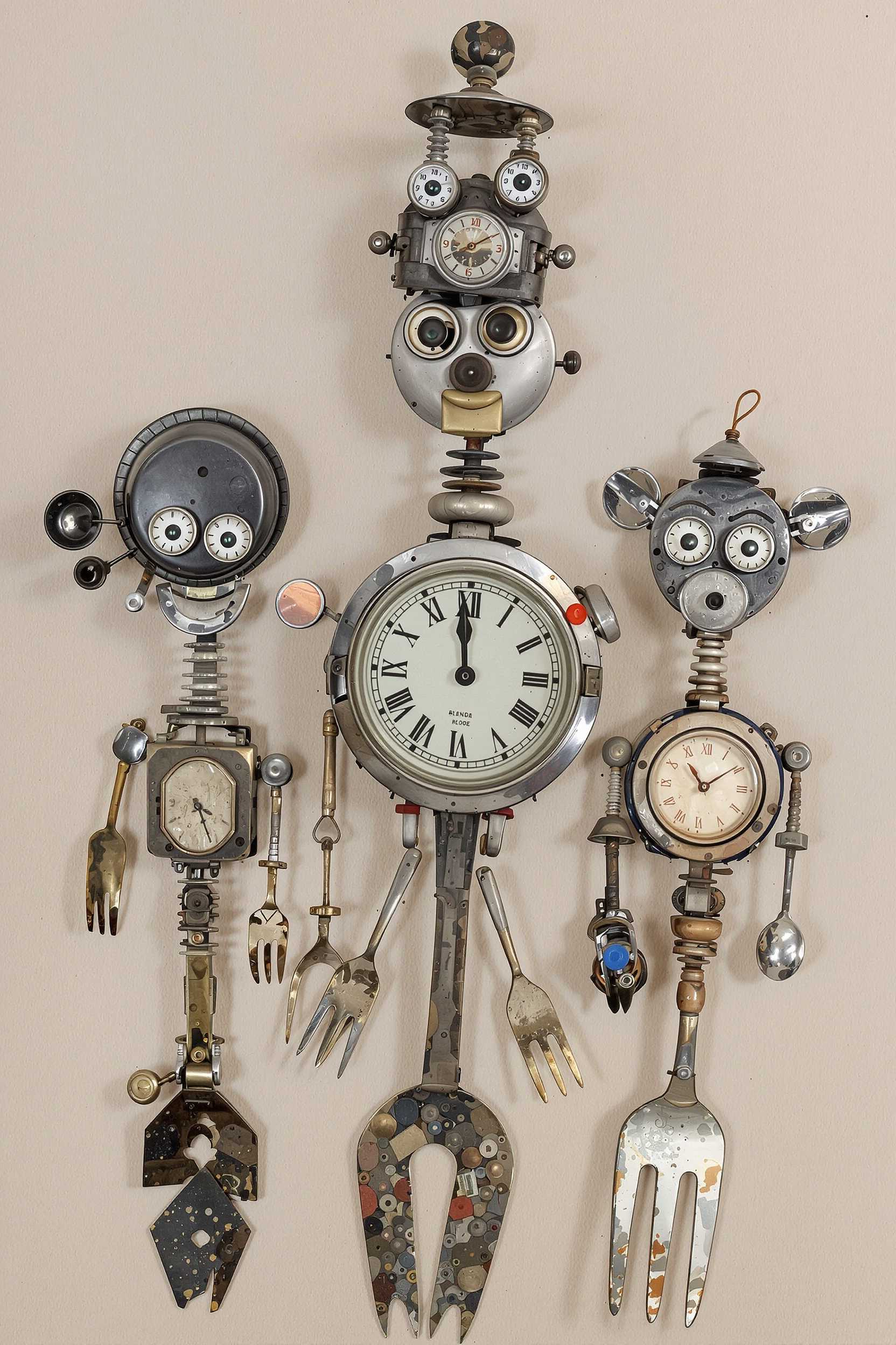 3 cute toys made of old vintage parts of the house elements, like screws, pot lid, lid, clock, fork, spoon, screwdriver, steel sponge, metals, wood, broken