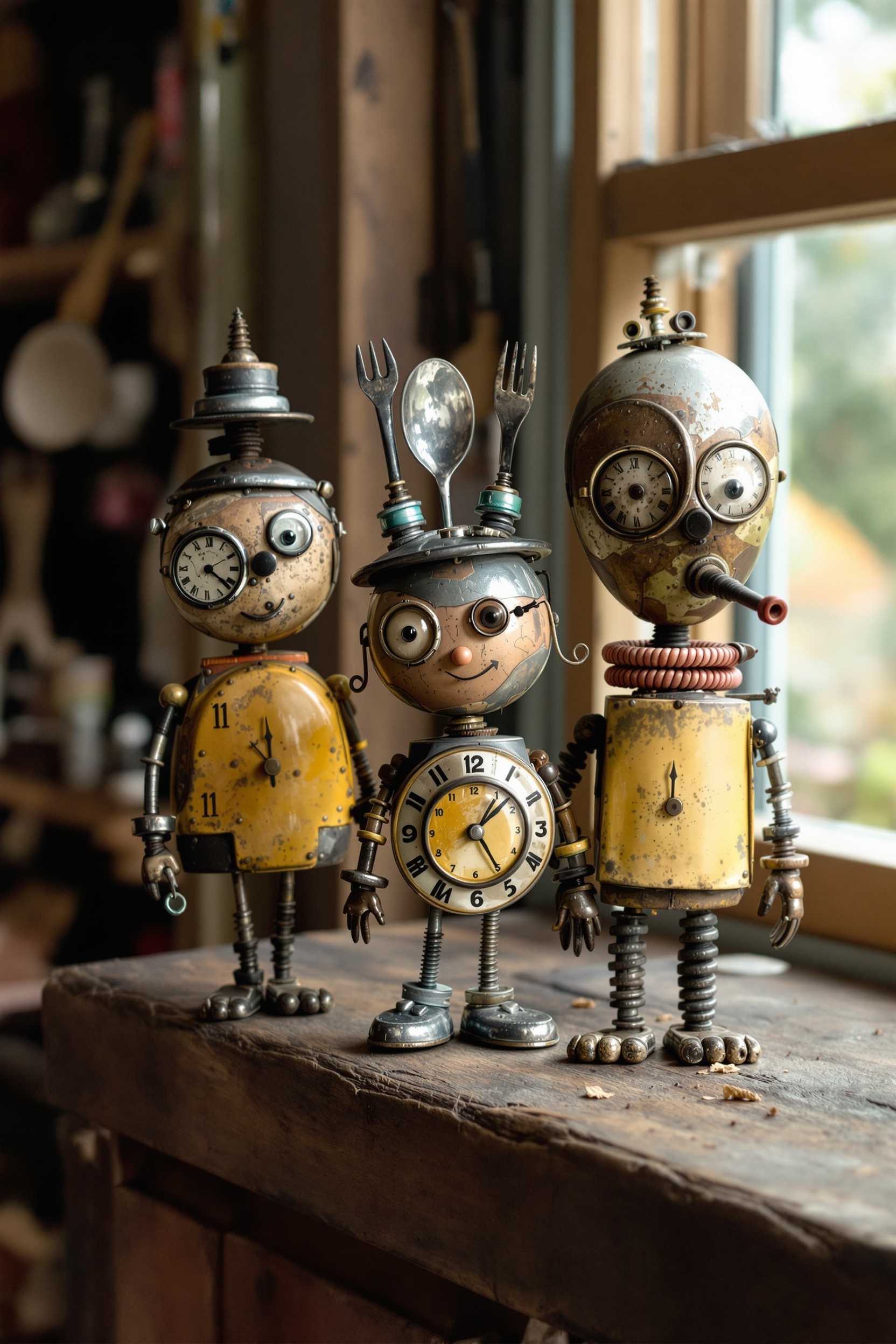 3 cute toys made of old vintage parts of the house elements, like screws, pot lid, lid, clock, fork, spoon, screwdriver, steel sponge, metals, wood, broken