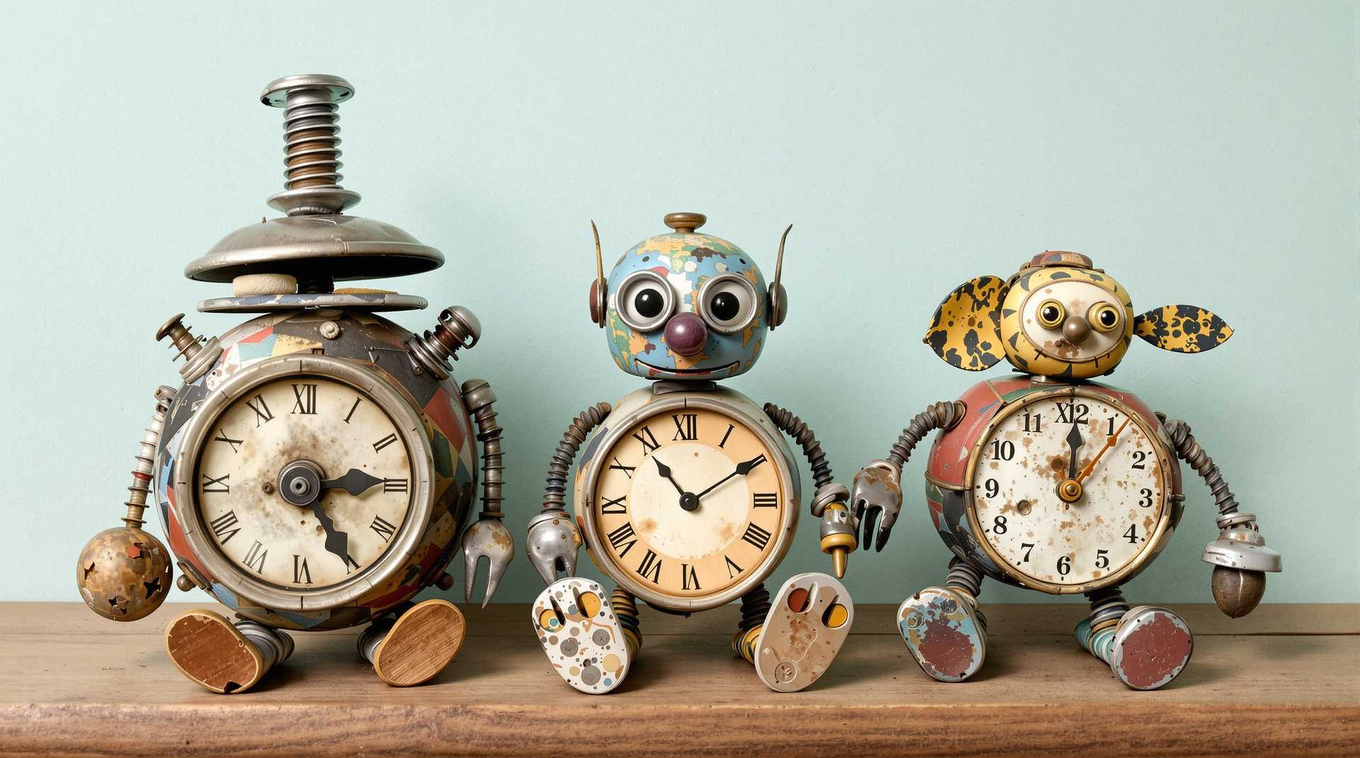 3 cute toys made of old vintage parts of the house elements, like screws, pot lid, lid, clock, fork, spoon, screwdriver, steel sponge, metals, wood, broken