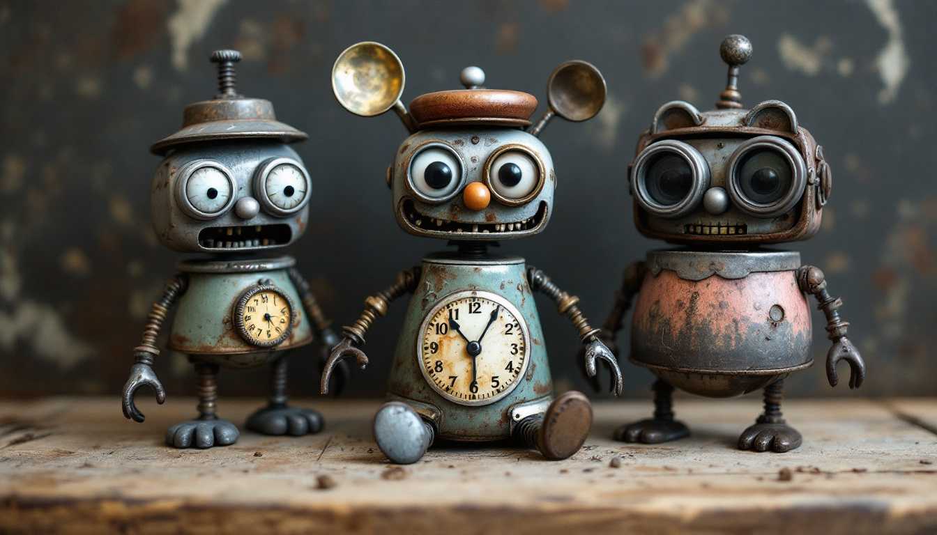 3 cute toys made of old vintage parts of the house elements, like screws, pot lid, lid, clock, fork, spoon, screwdriver, steel sponge, metals, wood, broken,wrench,saw blades.