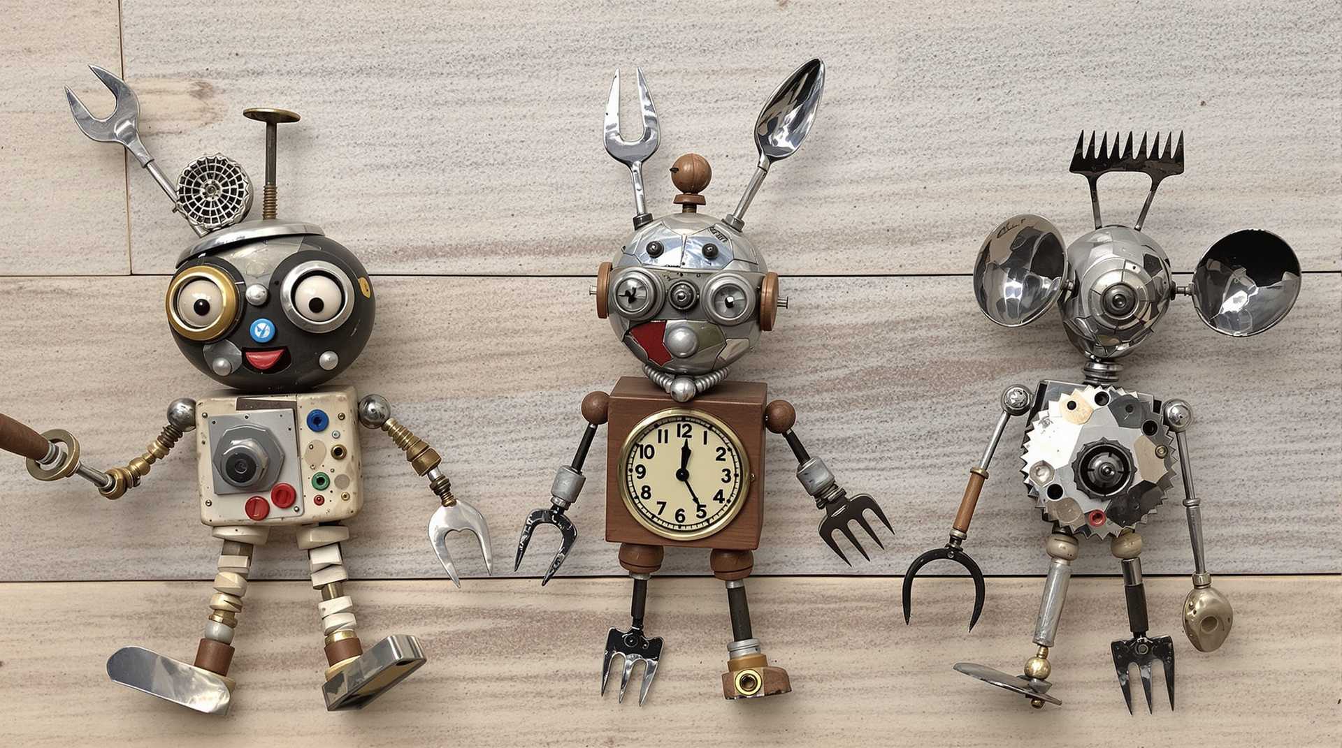 3 cute toys made of old vintage parts of the house elements, like screws, pot lid, lid, clock, fork, spoon, screwdriver, steel sponge, metals, wood, broken,wrench,saw blades.