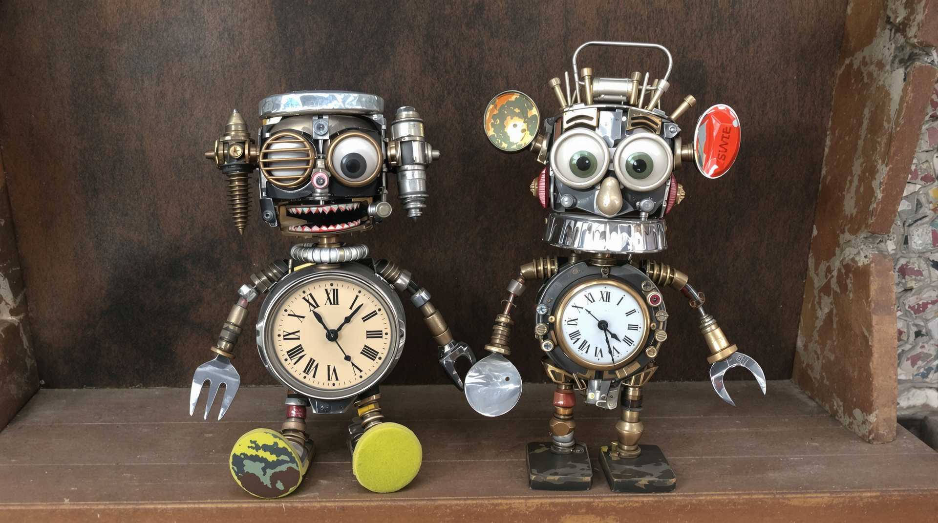 2 cute toys made of old vintage parts of the house elements, like screws, pot lid, lid, clock, fork, spoon, screwdriver, steel sponge, metals, wood, broken,wrench,saw blades, hammers.