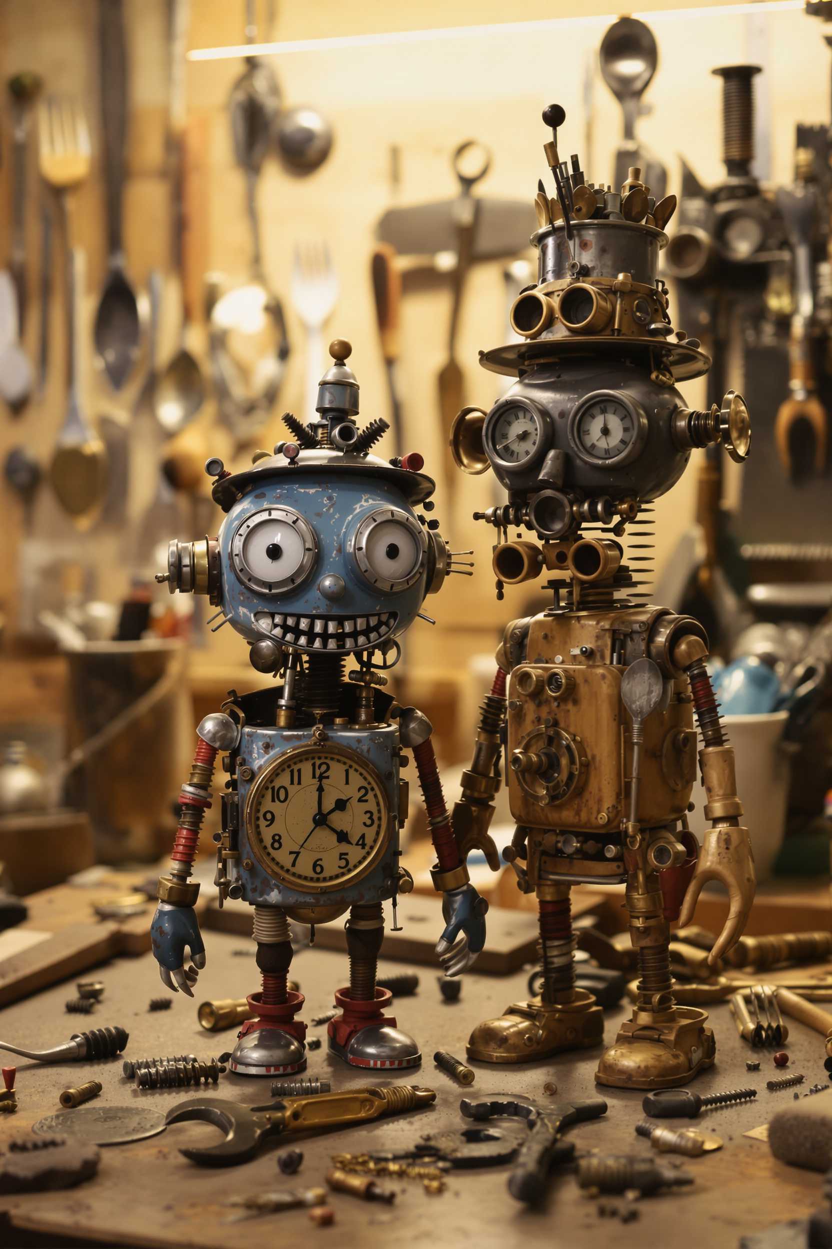 Create an imaginative scene featuring two whimsical toys crafted from repurposed vintage household elements. These toys, each with a distinct personality, are composed of various eclectic materials such as weathered screws, timeworn pot lids, antique clock parts, mismatched forks and spoons, and well-used screwdrivers. Incorporate industrial elements like aged steel sponges, rustic metals, and splintered wood, alongside broken wrenches and jagged saw blades. The toys are set against a background of a softly illuminated workbench, with warm, ambient lighting casting gentle shadows, evoking a sense of nostalgia and creativity. The composition captures an eye-level perspective, highlighting the intricate textures and patinas on each component, set within a cozy, cluttered workshop atmosphere reminiscent of a steampunk art style.