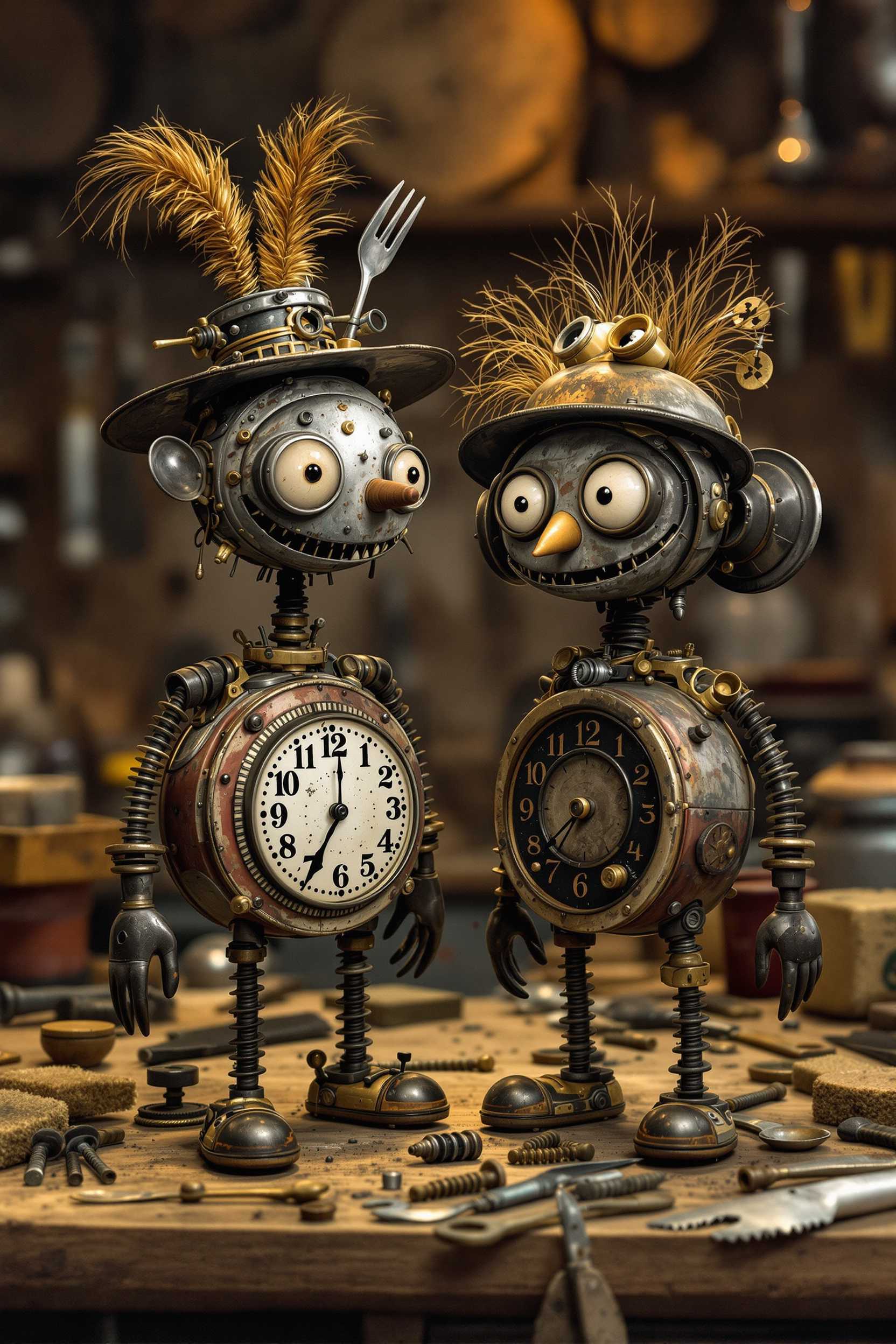 Steampunk Robots Two Mechanical Figures with Clocks and Forks