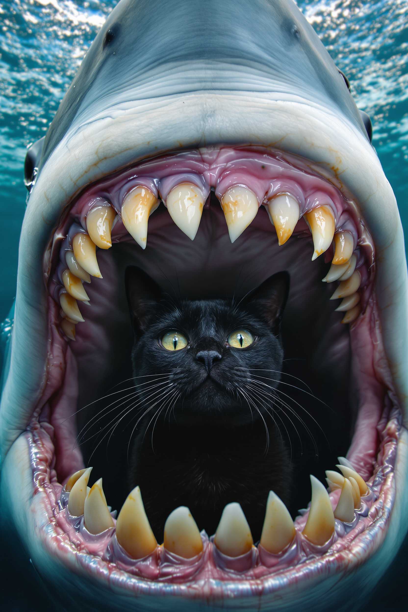 

looking out from the inside of a mouth and teeth, black British shorthair cat inside a sharks mouth behind a set of teeth in the ocean.


