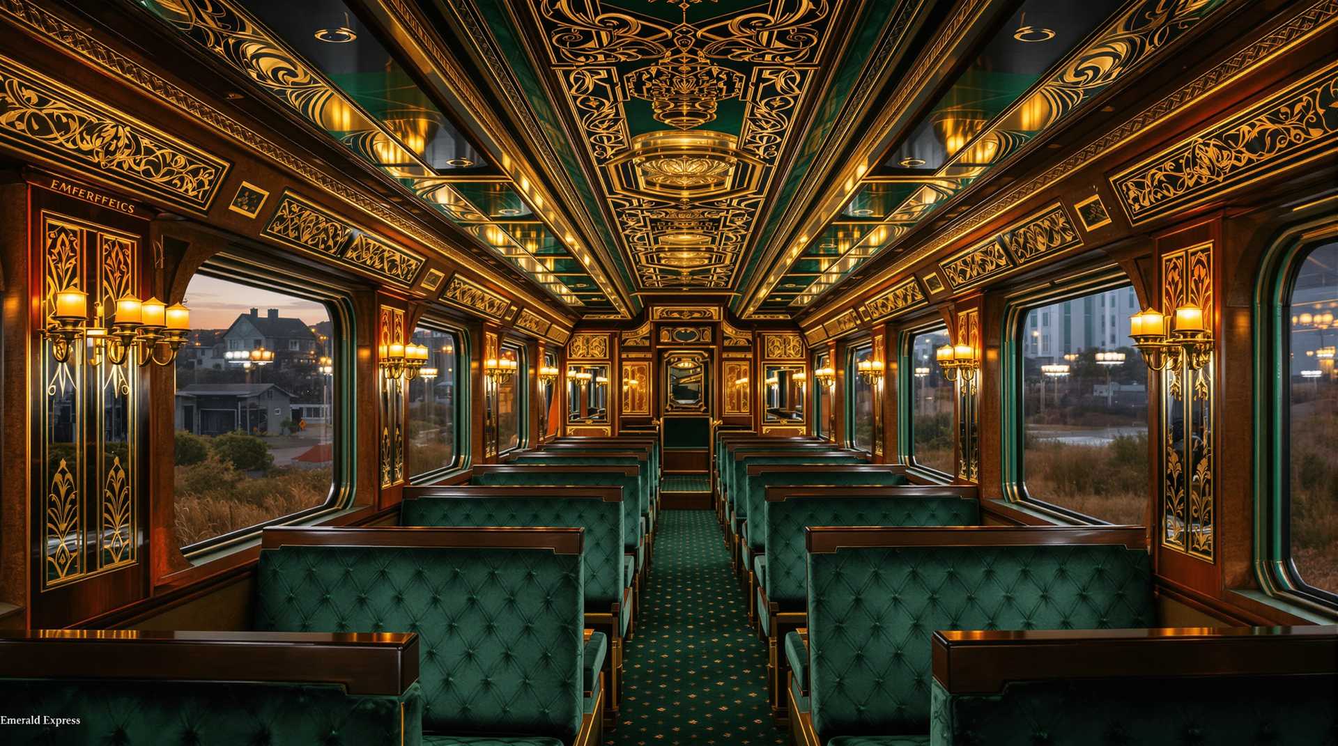 Create a high-definition image of a luxurious 1920's style Emerald Express train car. Focus on the lavish art deco design elements, featuring polished brass fixtures, intricate wood paneling, and plush velvet seating in deep emerald green hues. The interior should be illuminated by elegant, soft ambient lighting that captures the opulence and grandeur of the era. A perspective from within the car should showcase the richly detailed ceiling with ornate patterns in gold accents. The composition should have a slightly elevated camera angle, highlighting the symmetry and coherence of the space. The scene is set in early evening, enhancing the warm and inviting atmosphere through gentle reflections on mirrored surfaces and gentle shadows. Incorporate elements of vintage travel posters style to convey a sense of nostalgia and timeless elegance.