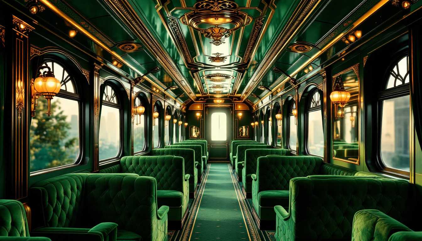 Create a high-definition image of a luxurious 1920's style Emerald Express train car. Focus on the lavish art deco design elements, featuring polished brass fixtures, intricate wood paneling, and plush velvet seating in deep emerald green hues. The interior should be illuminated by elegant, soft ambient lighting that captures the opulence and grandeur of the era. A perspective from within the car should showcase the richly detailed ceiling with ornate patterns in gold accents. The composition should have a slightly elevated camera angle, highlighting the symmetry and coherence of the space. The scene is set in early evening, enhancing the warm and inviting atmosphere through gentle reflections on mirrored surfaces and gentle shadows. Incorporate elements of vintage travel posters style to convey a sense of nostalgia and timeless elegance.