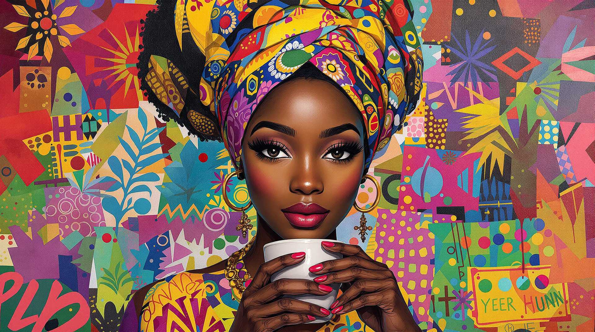 

A beautiful African American woman with an intricate head scarf, holding a cup of coffee in her hand. She is surrounded by vibrant colors and patterns, creating a lively atmosphere that reflects the energy of contemporary art. The painting features thick brush strokes, an oil painting technique, and a colorful depiction of a beautiful African American woman in the style of Afrocentricity, presented as a digital print on canvas.

--chaos
 100

