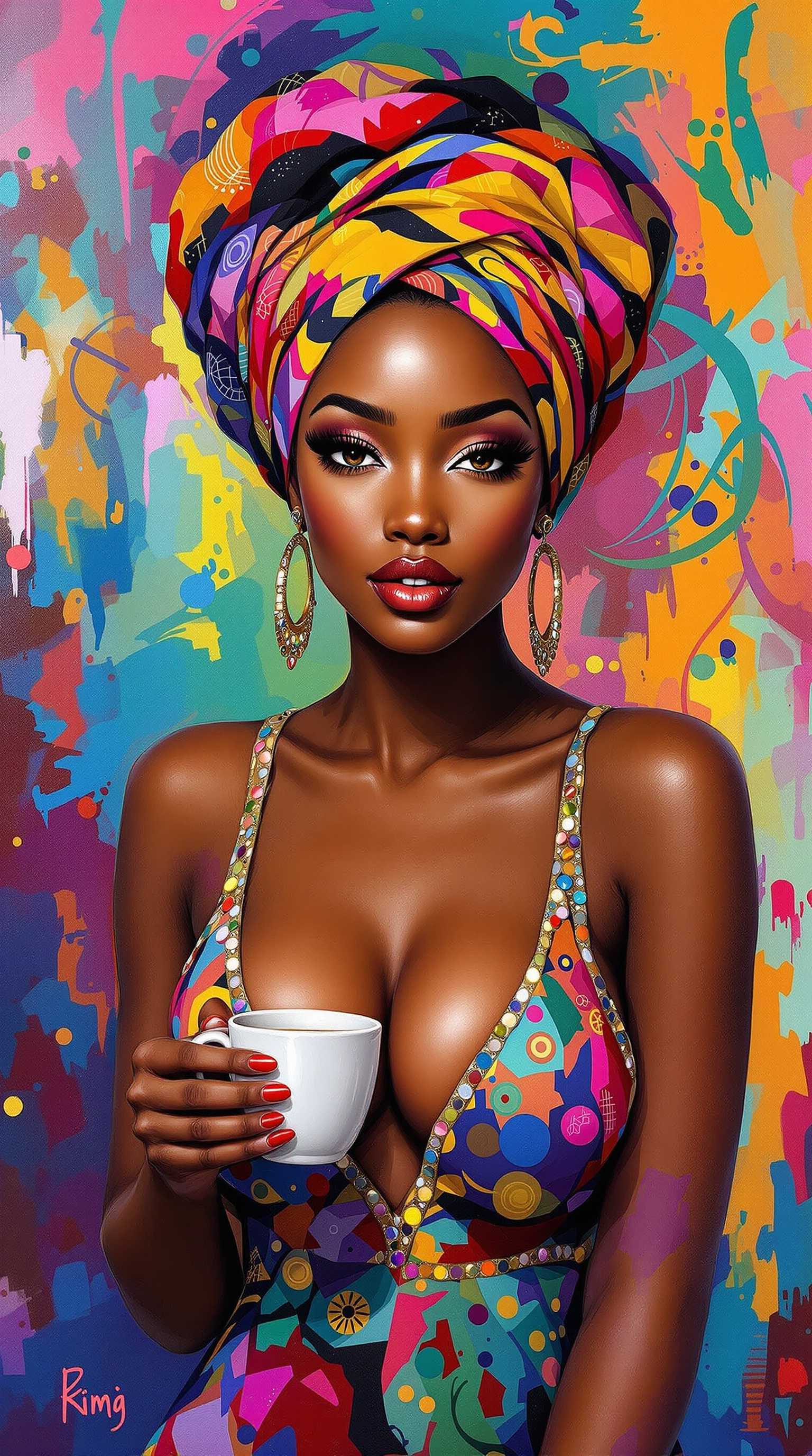 

A beautiful African American light brown skin woman with a low cut dress,an intricate head scarf, holding a cup of coffee in her hand. She is surrounded by vibrant colors and patterns, creating a lively atmosphere that reflects the energy of contemporary art. The painting features thick brush strokes, an oil painting technique, and a colorful depiction of a beautiful African American woman in the style of Afrocentricity, presented as a digital print on canvas.



