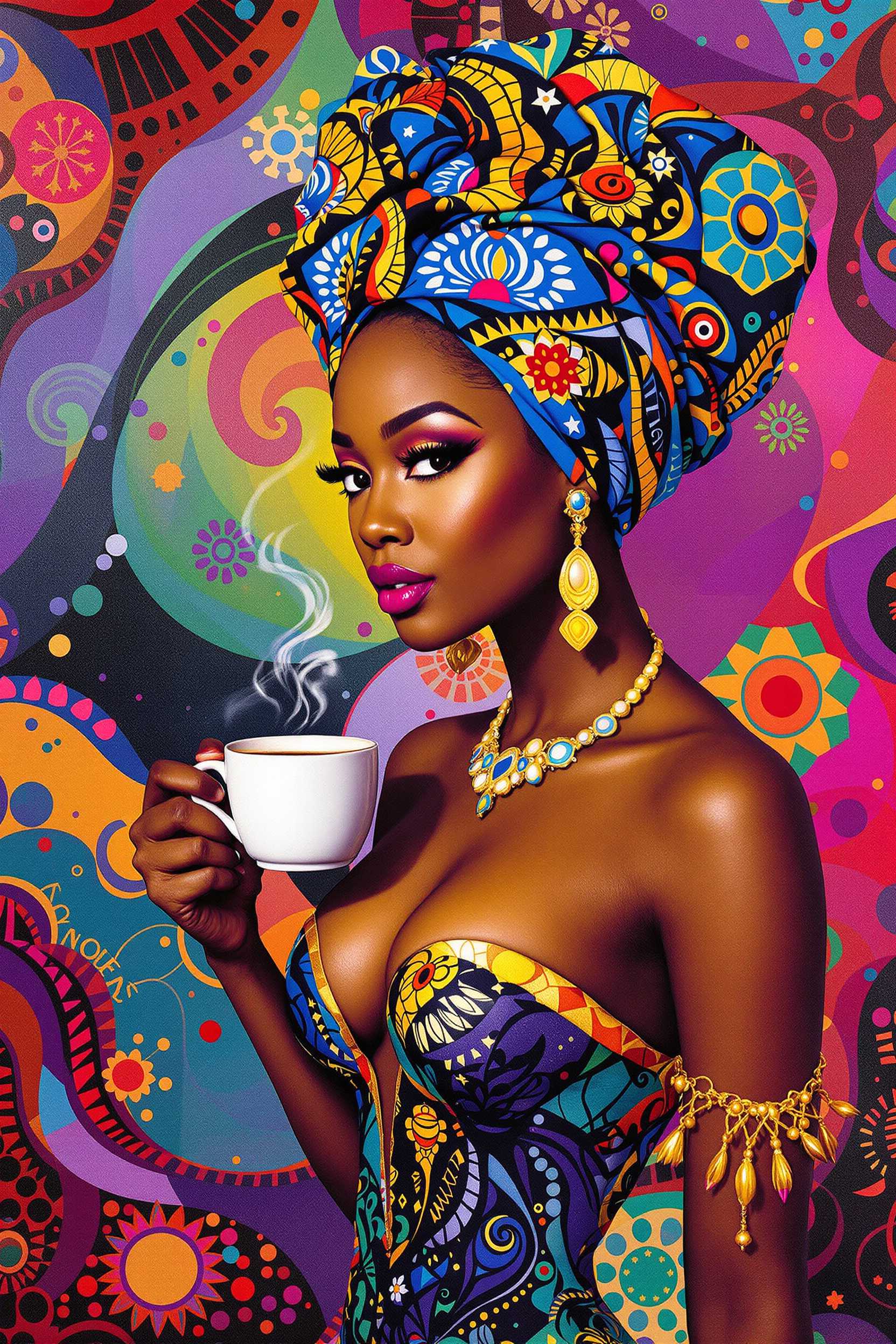 

A beautiful African American light brown skin woman with a low cut dress,an intricate head scarf, holding a cup of coffee in her hand. She is surrounded by vibrant colors and patterns, creating a lively atmosphere that reflects the energy of contemporary art.A colorful depiction of a beautiful African American woman in the style of Afrocentricity, presented as a digital print on canvas.



