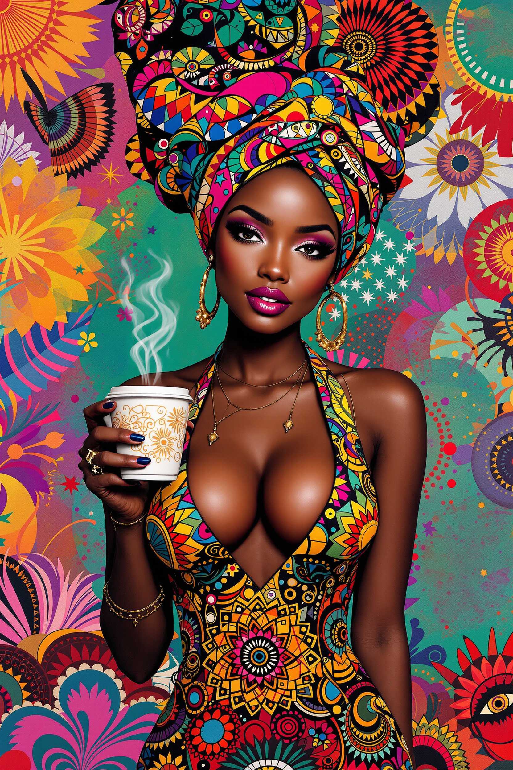 

A beautiful African American light brown skin woman with a low cut dress,an intricate head scarf, holding a cup of coffee in her hand. She is surrounded by vibrant colors and patterns, creating a lively atmosphere that reflects the energy of contemporary art.A colorful depiction of a beautiful African American woman in the style of Afrocentricity, presented as a digital print on canvas.



